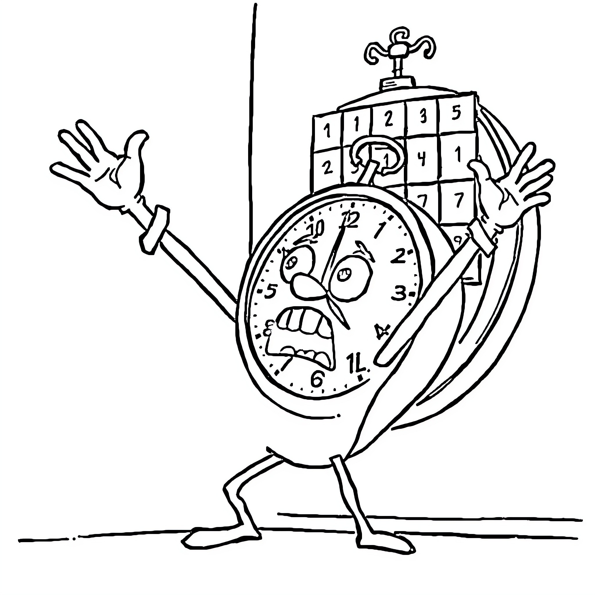 Clock character frantically chasing after something Coloring Page (free black-and-white line drawing printable PDF for all, from beginners to advanced learners, including children, teens, adults, and seniors)