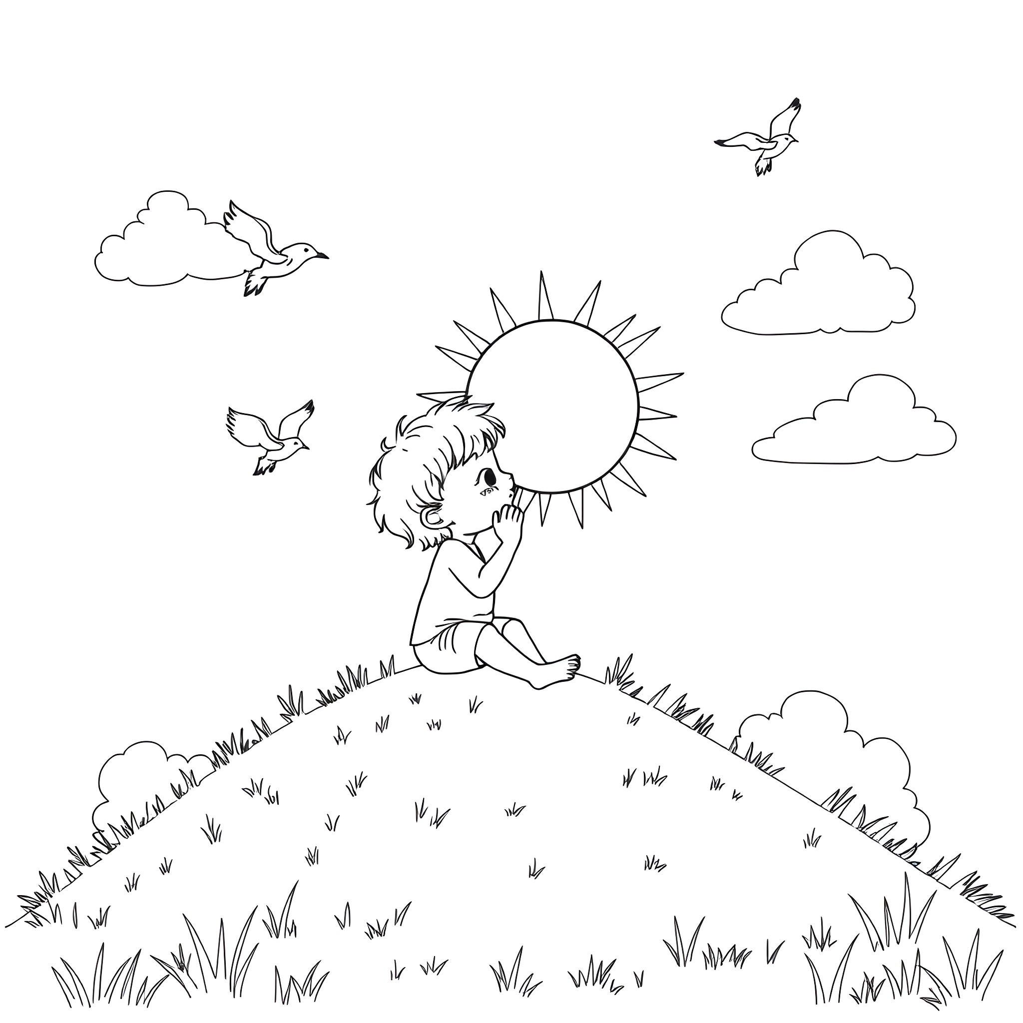 Kid enjoying a sunny day in nature Coloring Page (free black-and-white line drawing printable PDF for all, from beginners to advanced learners, including children, teens, adults, and seniors)