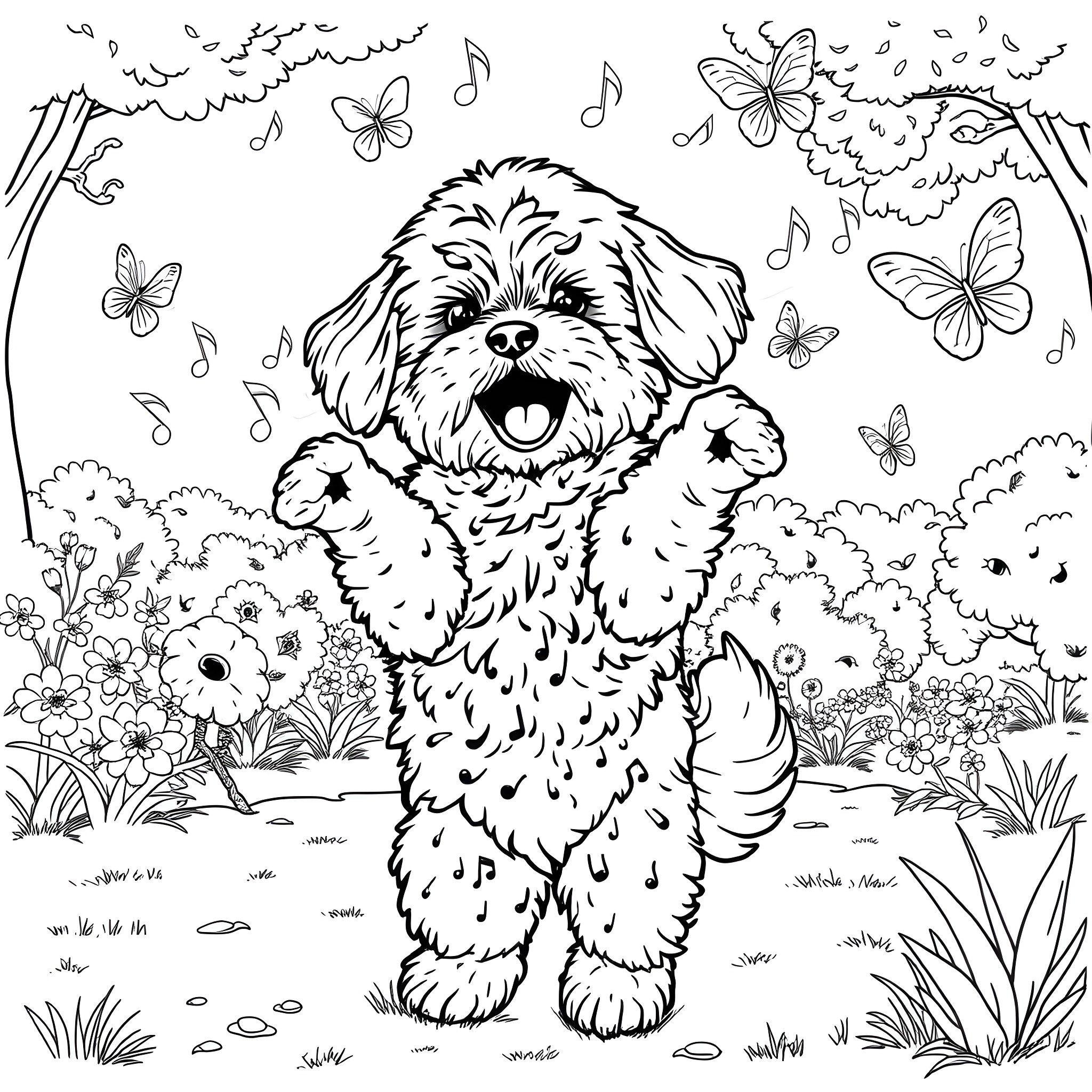 Maltipoo enjoying a day in the garden Coloring Page (free black-and-white line drawing printable PDF for all, from beginners to advanced learners, including children, teens, adults, and seniors)