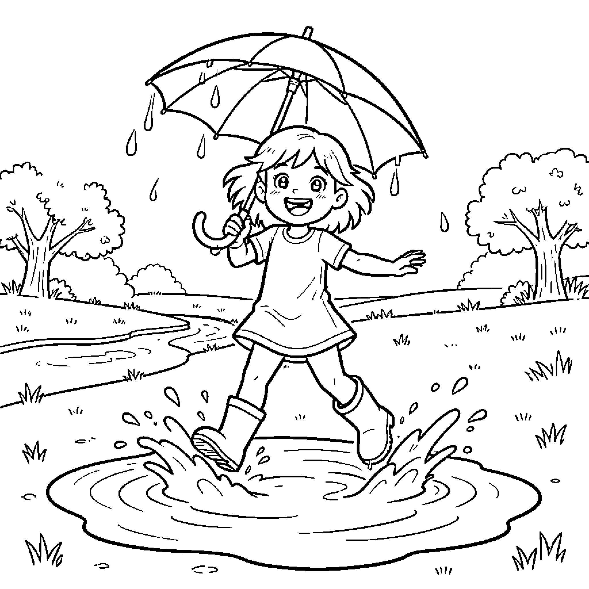 Girl playing joyfully in the rain with an umbrella Coloring Page (free black-and-white line drawing printable PDF for all, from beginners to advanced learners, including children, teens, adults, and seniors)