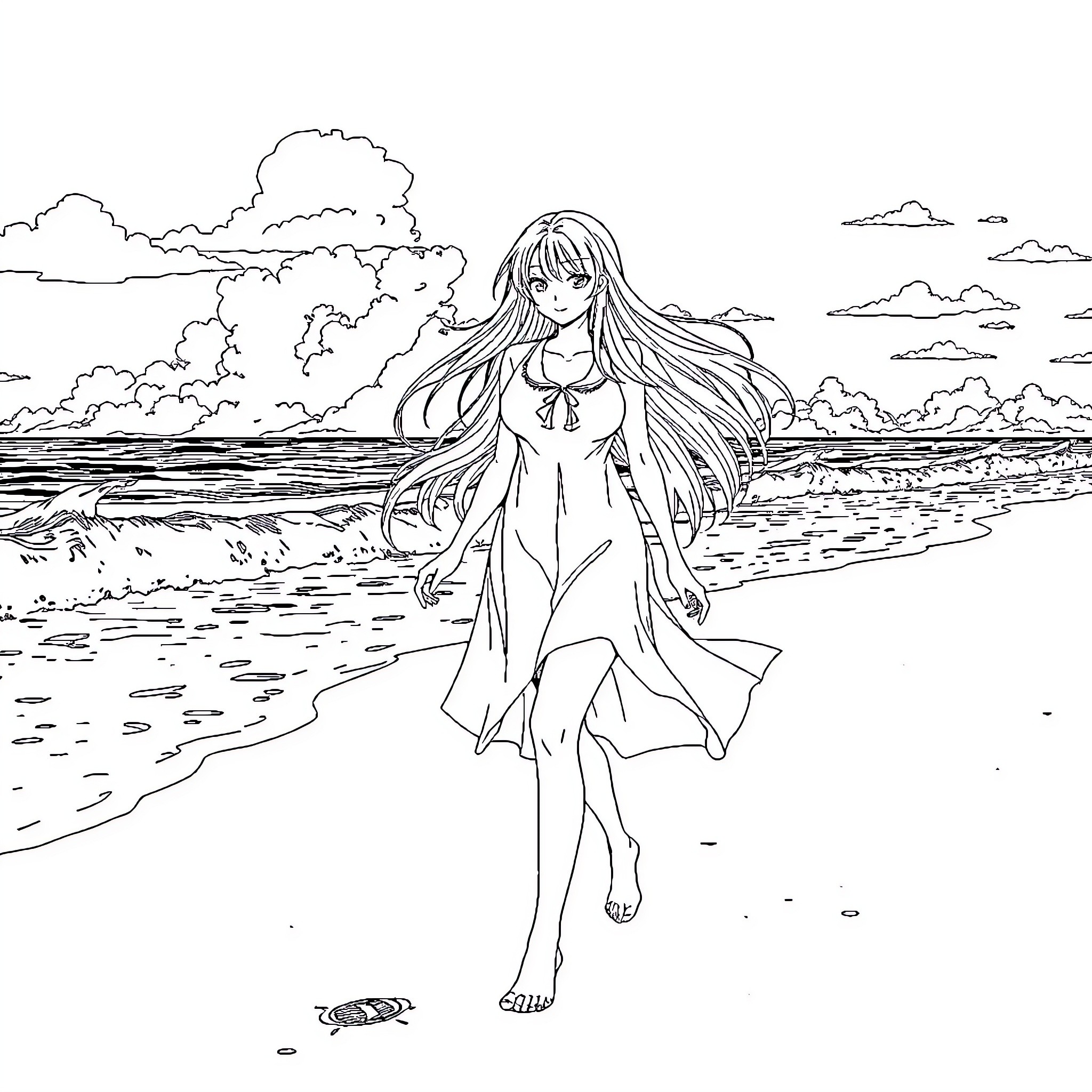Rangiku Matsumoto strolling along the beach Coloring Page (free black-and-white line drawing printable PDF for all, from beginners to advanced learners, including children, teens, adults, and seniors)