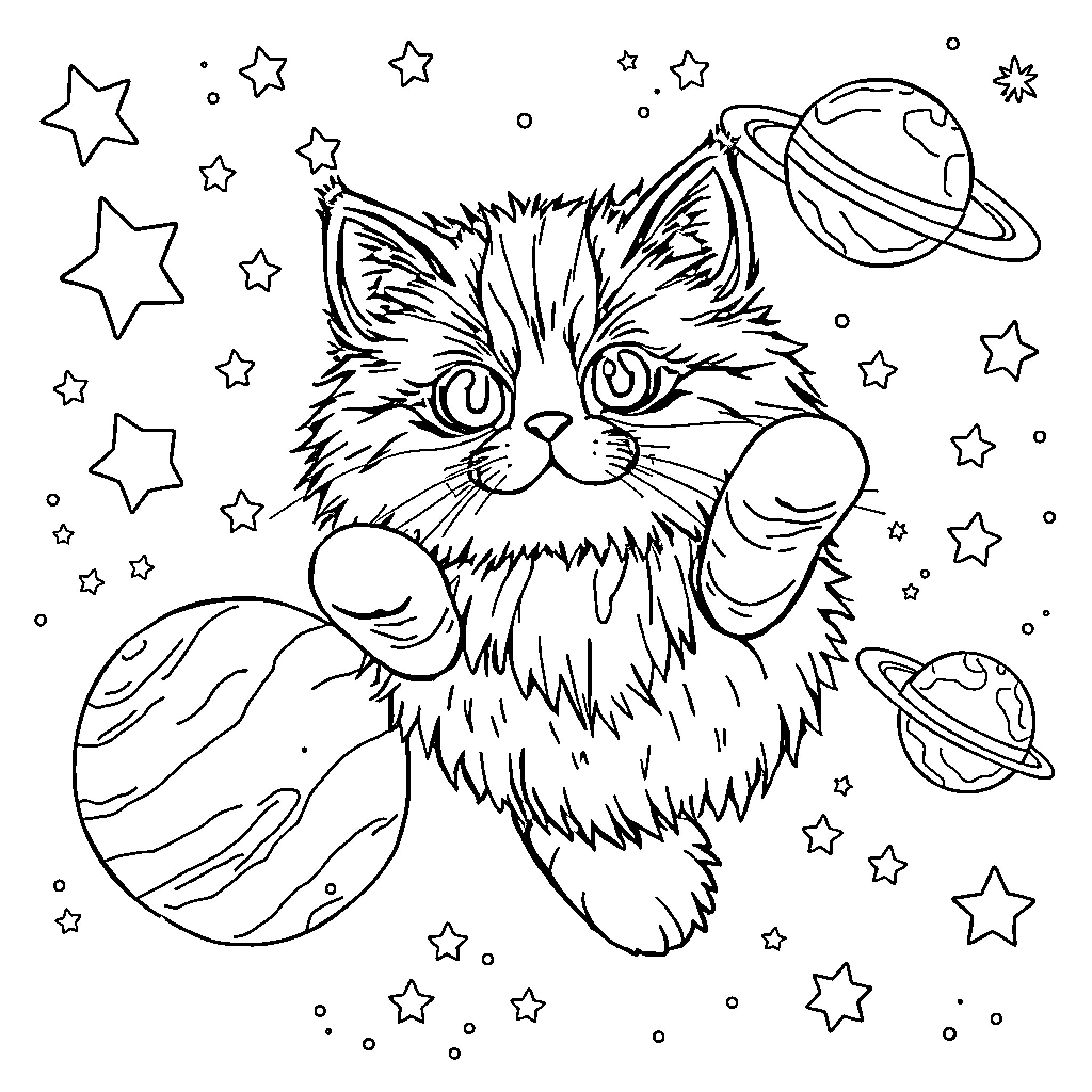 Cat in Cosmic Universe Coloring Page (free black-and-white line drawing printable PDF for all, from beginners to advanced learners, including children, teens, adults, and seniors)