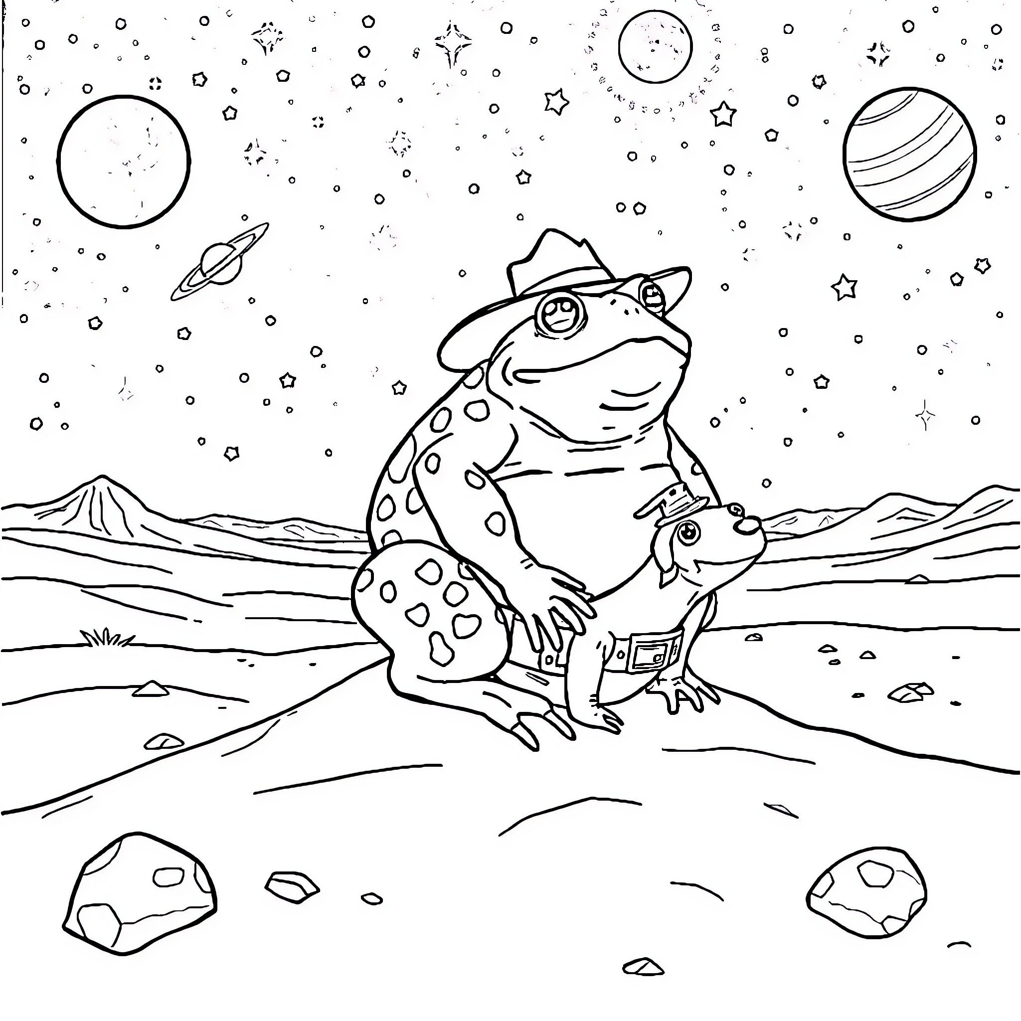 Toad exploring the cosmic landscape Coloring Page (free black-and-white line drawing printable PDF for all, from beginners to advanced learners, including children, teens, adults, and seniors)