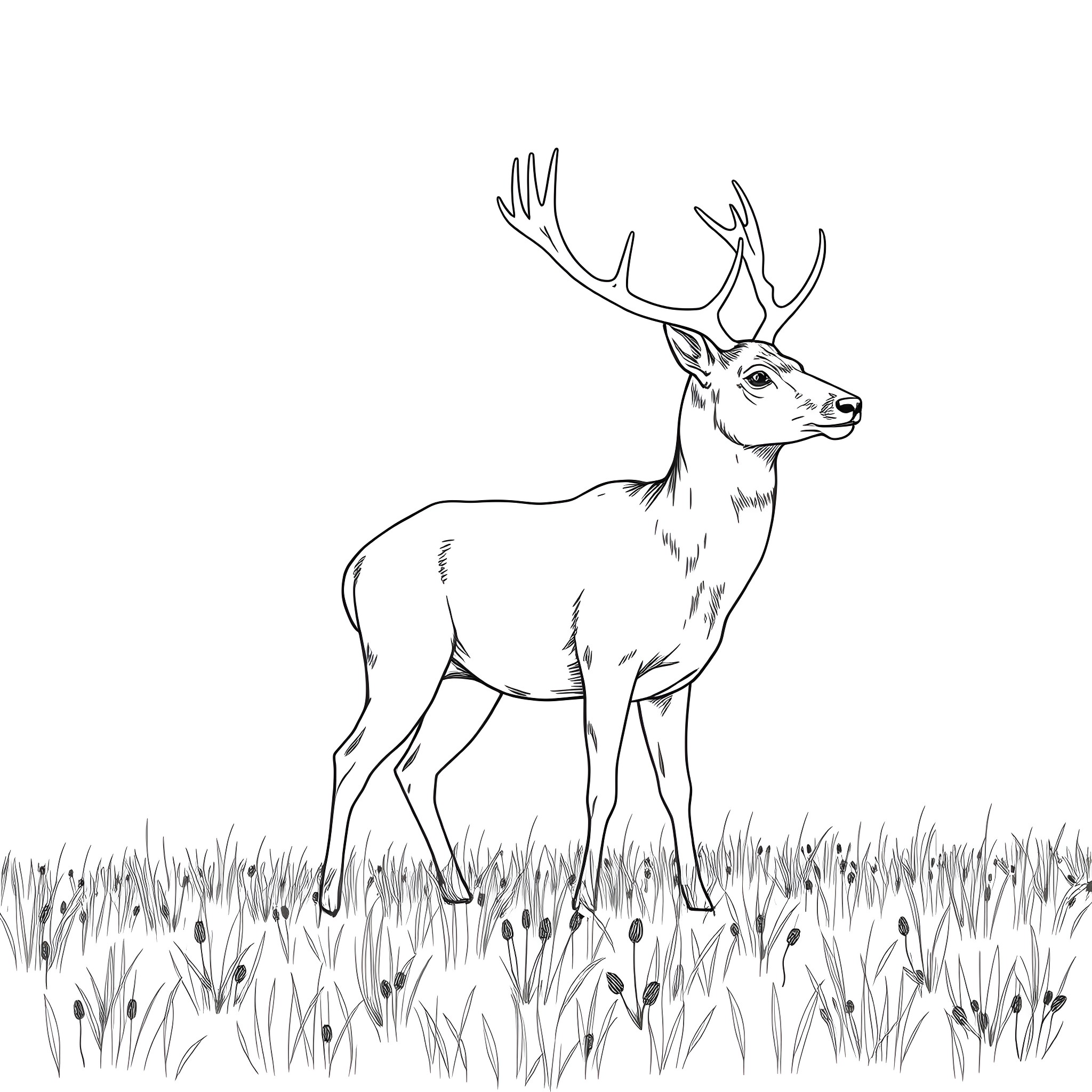 Deer standing in a grassy field Coloring Page (free black-and-white line drawing printable PDF for all, from beginners to advanced learners, including children, teens, adults, and seniors)
