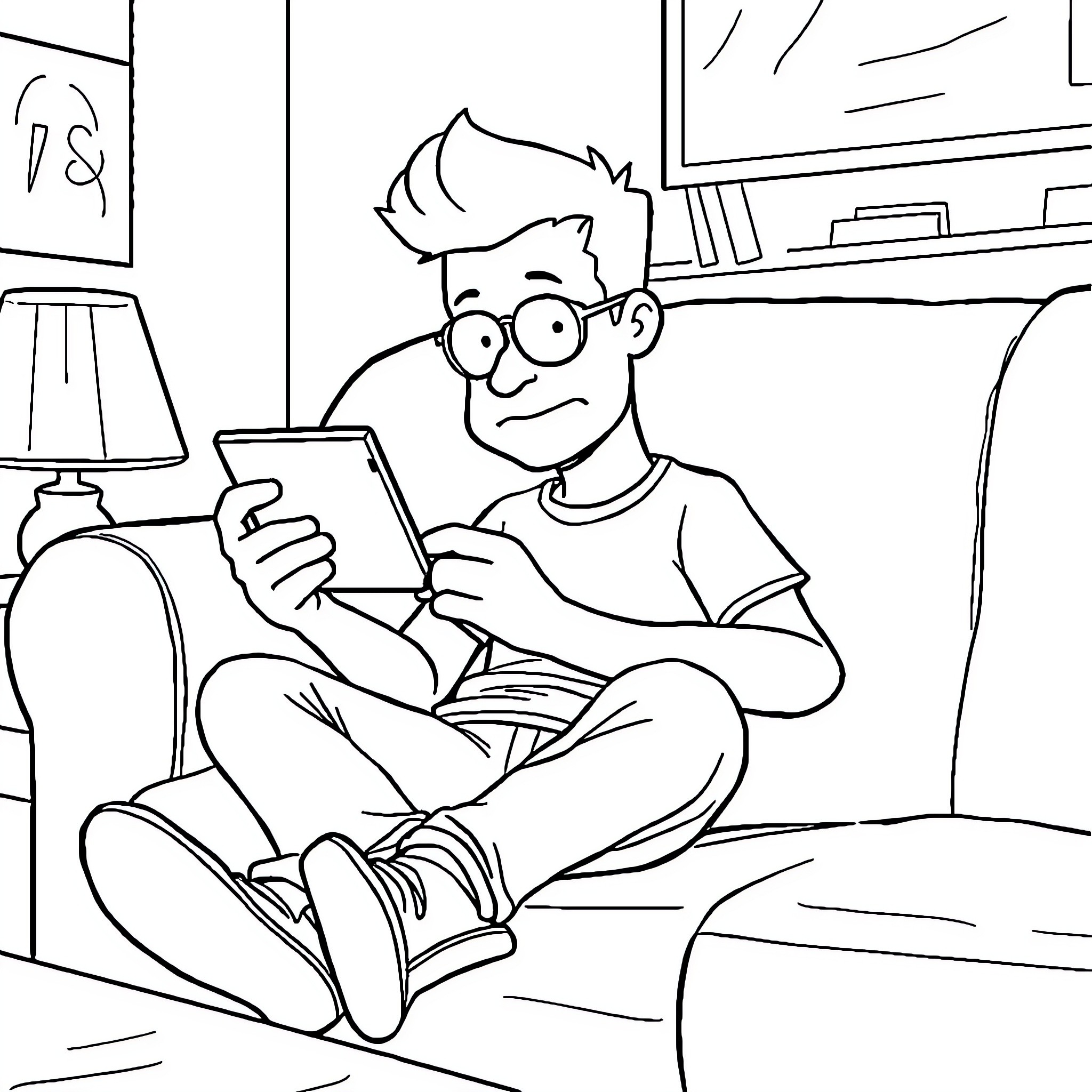 Steve enjoying a tablet device on the couch Coloring Page (free black-and-white line drawing printable PDF for all, from beginners to advanced learners, including children, teens, adults, and seniors)