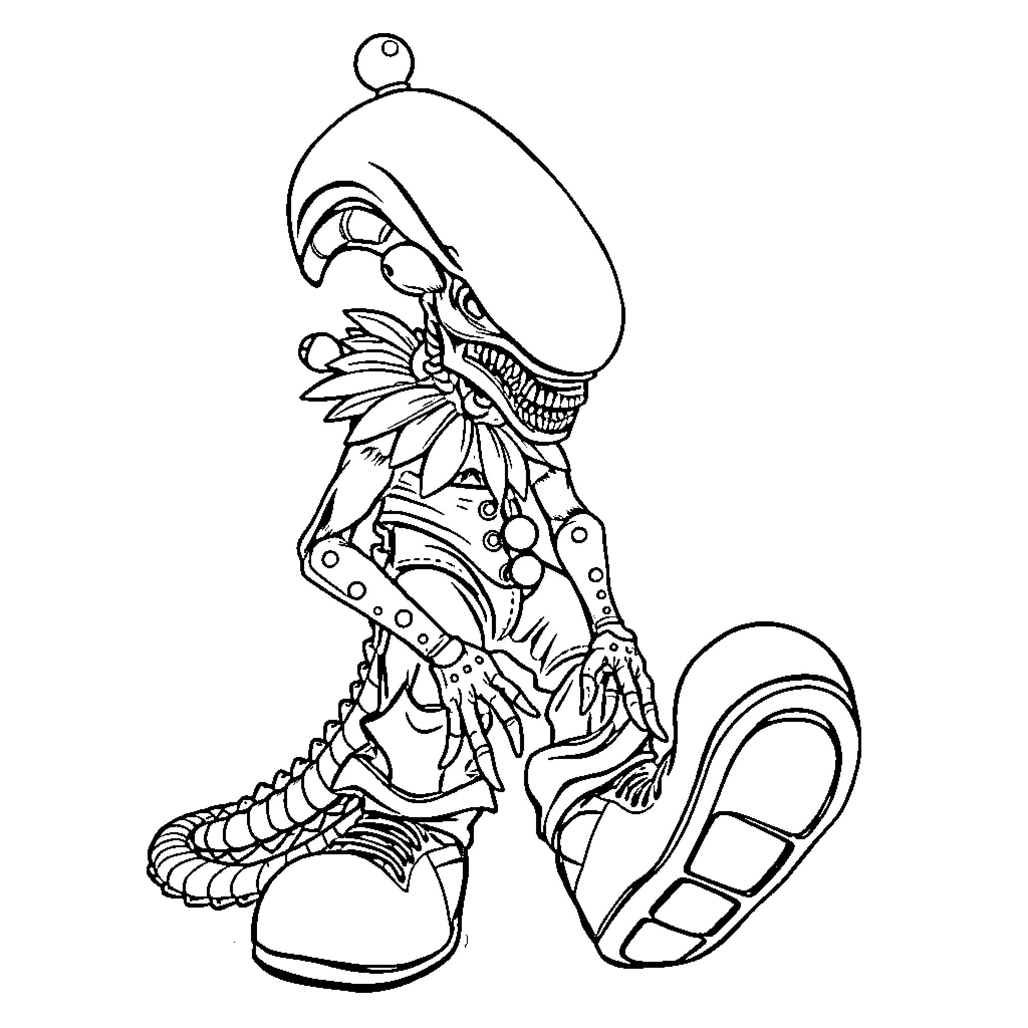 Xenomorph creature in threatening stance Coloring Page (free black-and-white line drawing printable PDF for all, from beginners to advanced learners, including children, teens, adults, and seniors)