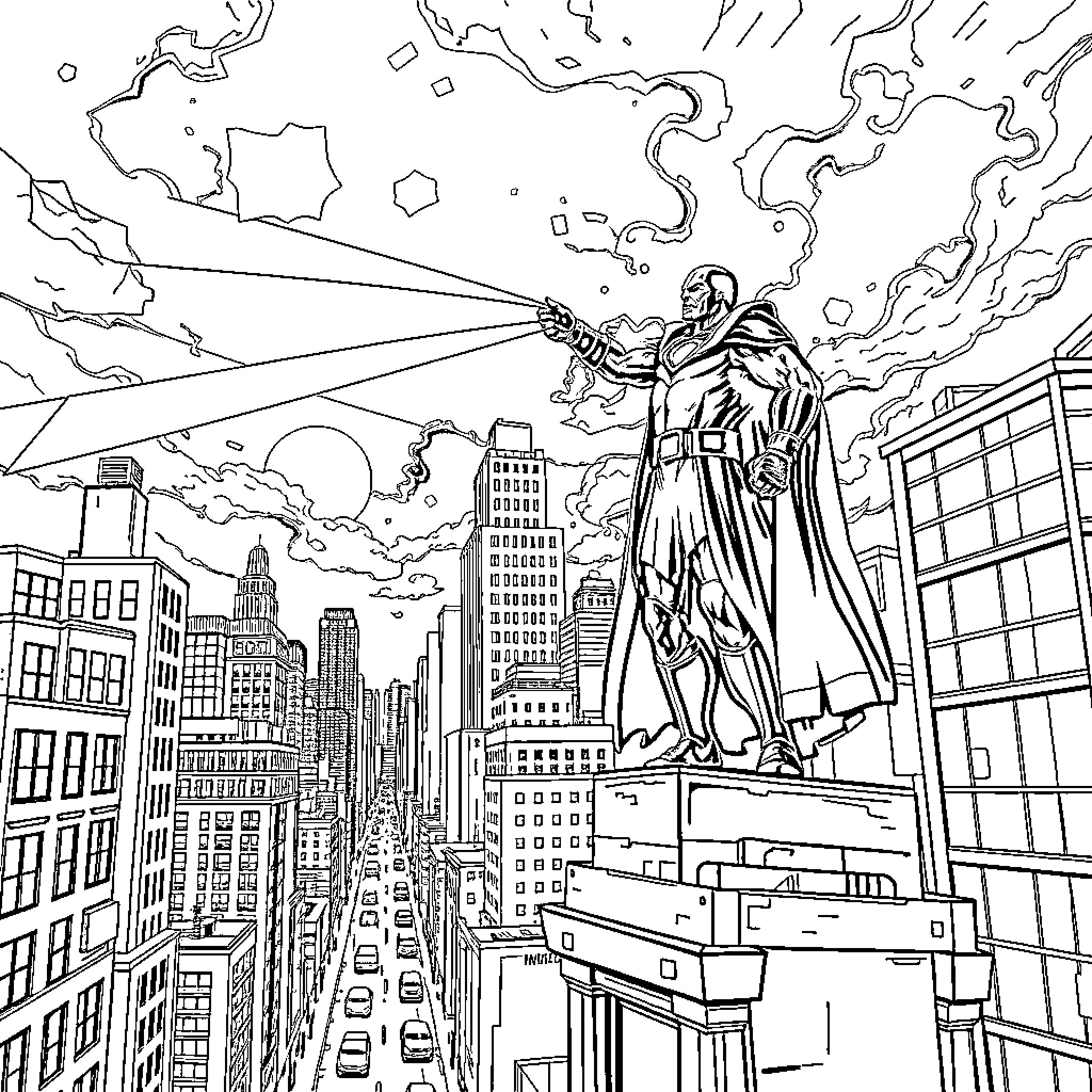 Dr. Doom surveying the city from a towering vantage point Coloring Page (free black-and-white line drawing printable PDF for all, from beginners to advanced learners, including children, teens, adults, and seniors)