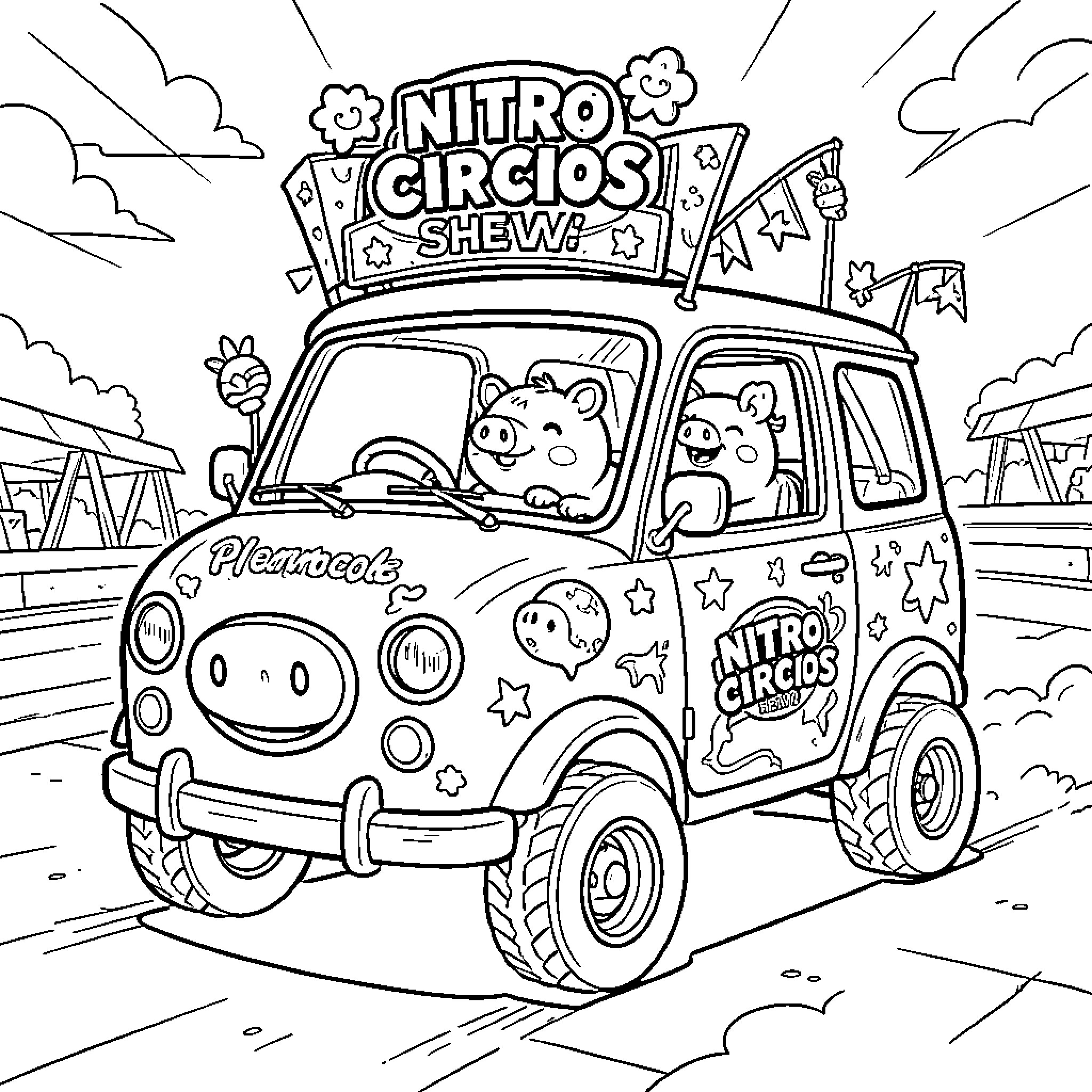 Pigmobile driving joyfully with circus decorations and flags Coloring Page (free black-and-white line drawing printable PDF for all, from beginners to advanced learners, including children, teens, adults, and seniors)