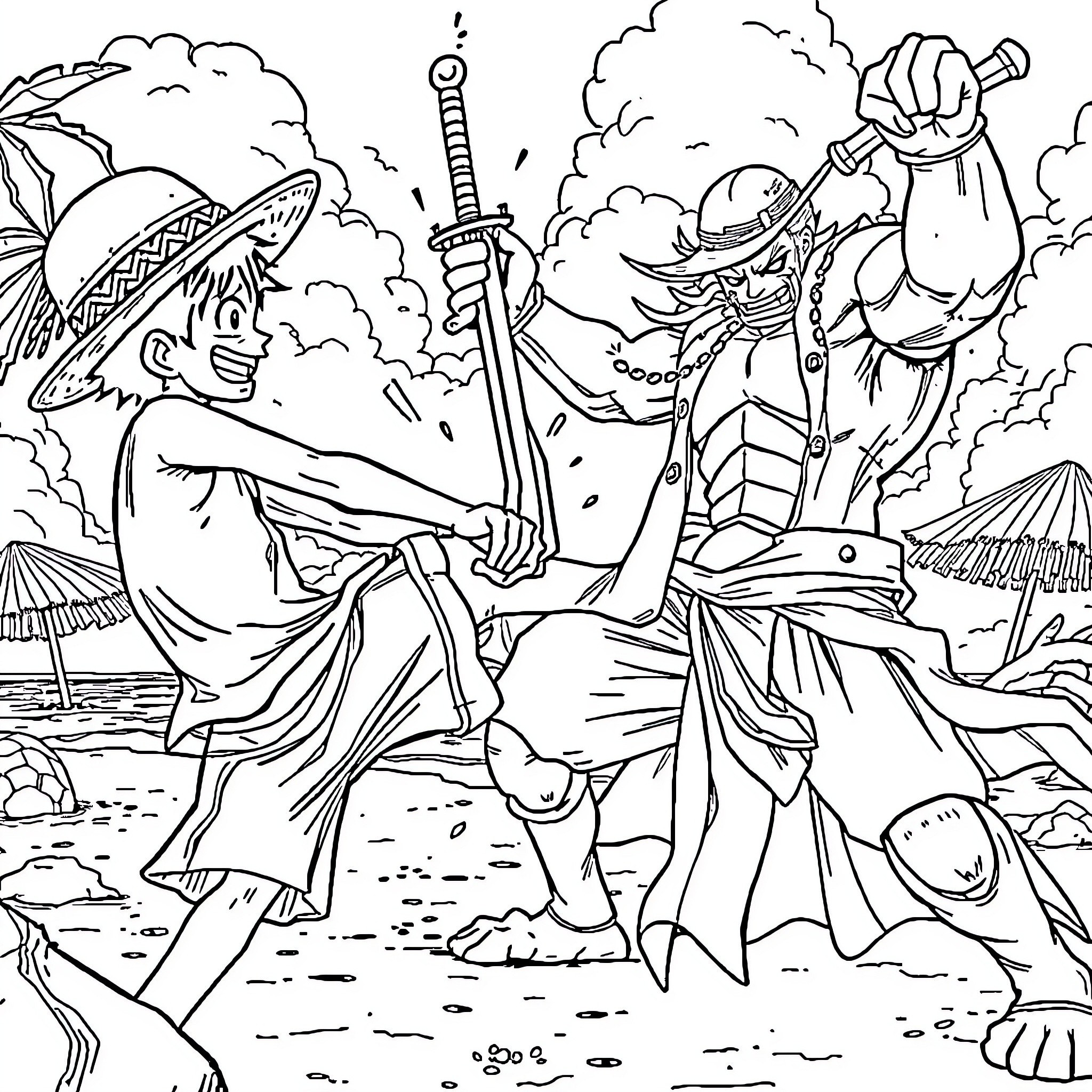 Luffy's Adventure on the High Seas Coloring Page (free black-and-white line drawing printable PDF for all, from beginners to advanced learners, including children, teens, adults, and seniors)