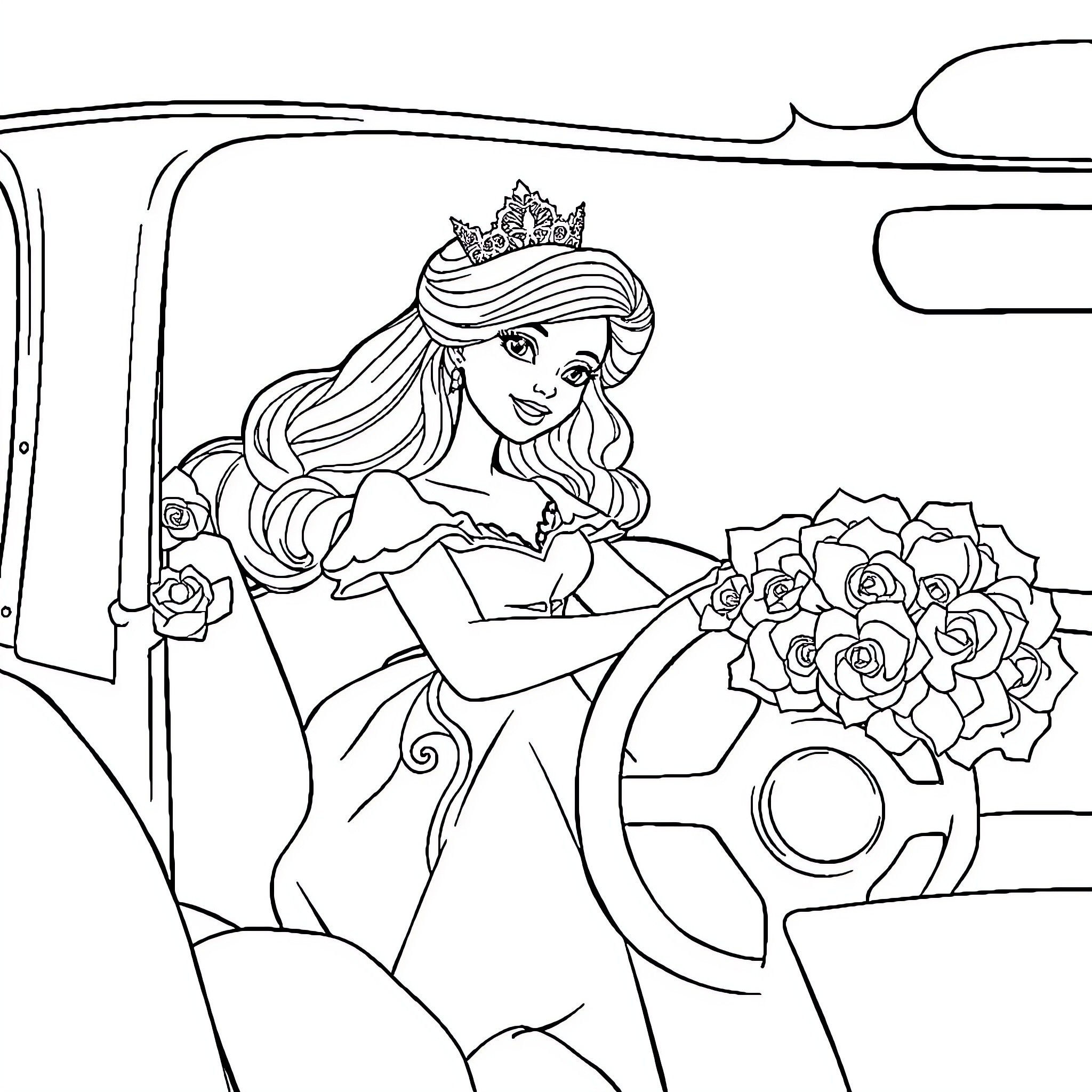 Princess waving inside a limousine with flowers Coloring Page (free black-and-white line drawing printable PDF for all, from beginners to advanced learners, including children, teens, adults, and seniors)