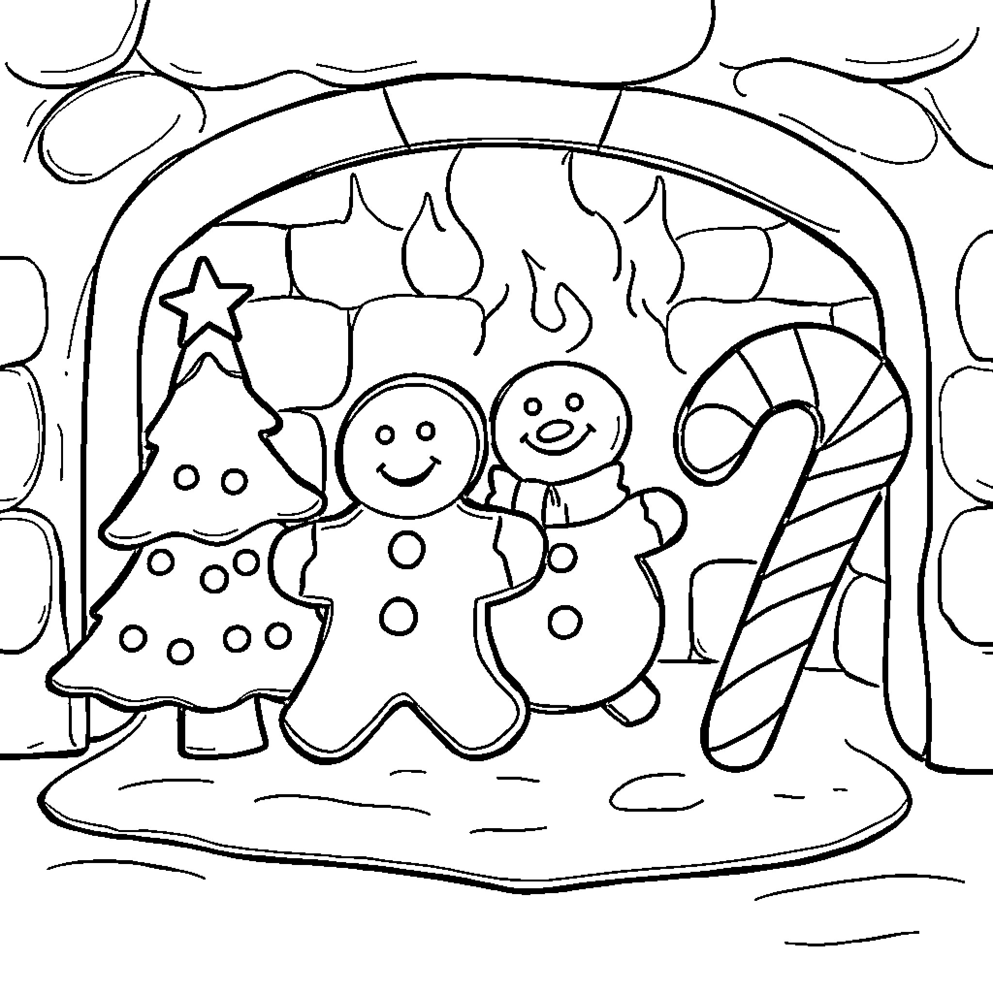 Cookie Decorations and Candy Canes in Winter Scene Coloring Page (free black-and-white line drawing printable PDF for all, from beginners to advanced learners, including children, teens, adults, and seniors)