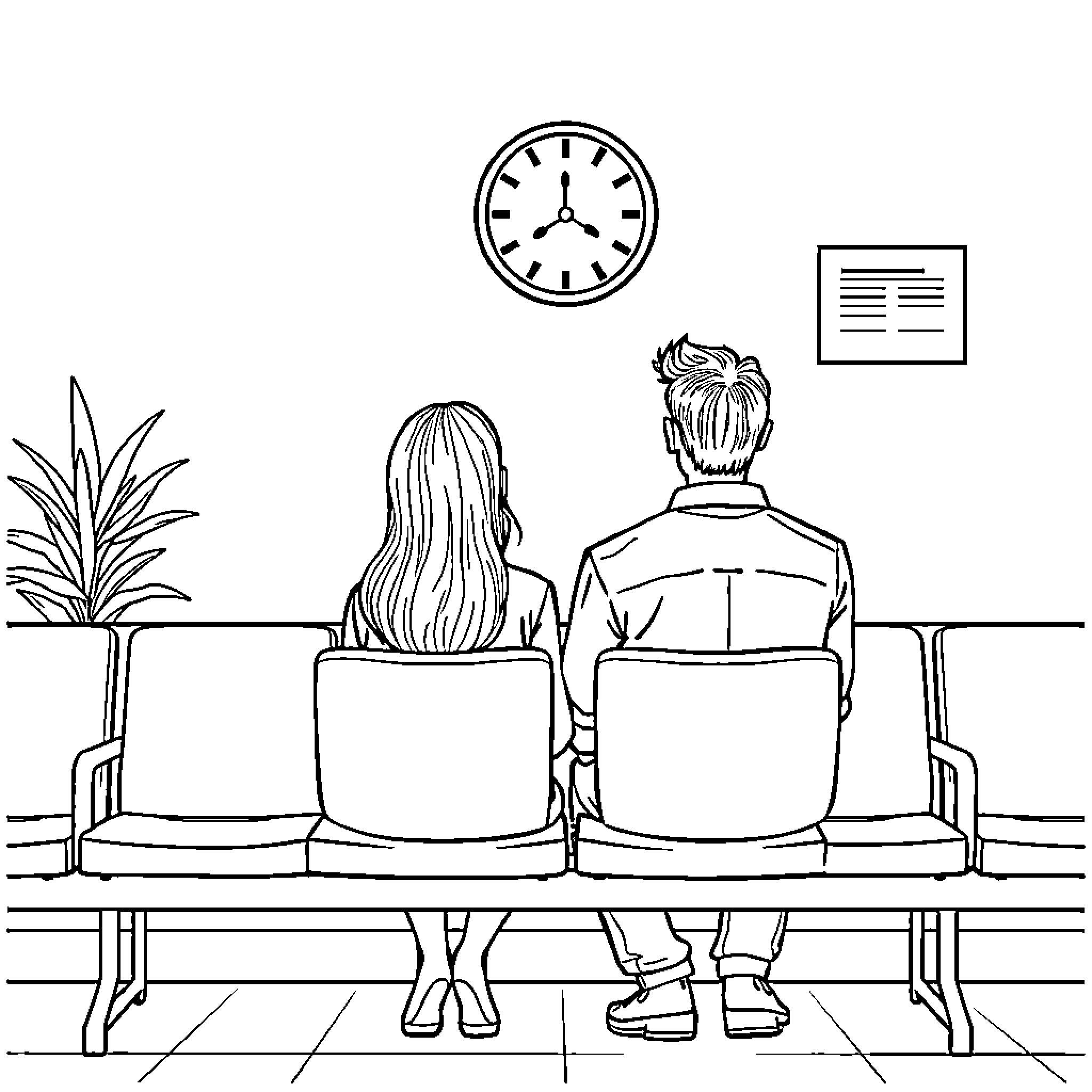 Couple waiting patiently in the office lobby Coloring Page (free black-and-white line drawing printable PDF for all, from beginners to advanced learners, including children, teens, adults, and seniors)