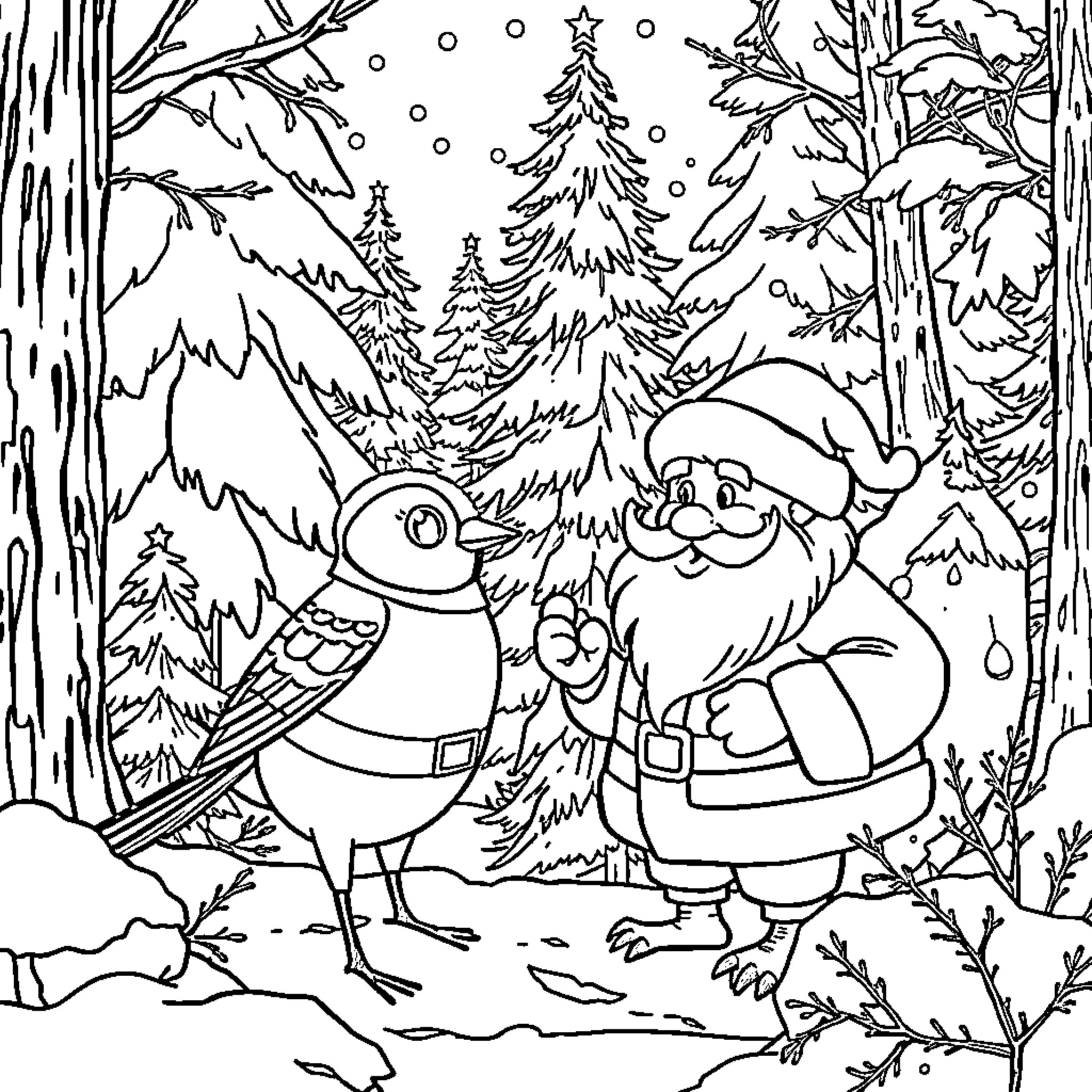 Paw Patrol Santa Claus and animal friends in winter wonderland Coloring Page (free black-and-white line drawing printable PDF for all, from beginners to advanced learners, including children, teens, adults, and seniors)