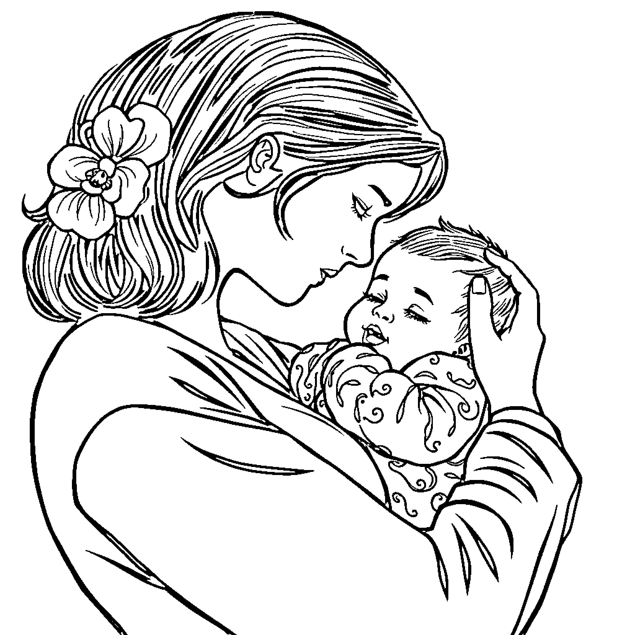 Mom lovingly holding and caring for her baby Coloring Page (free black-and-white line drawing printable PDF for all, from beginners to advanced learners, including children, teens, adults, and seniors)