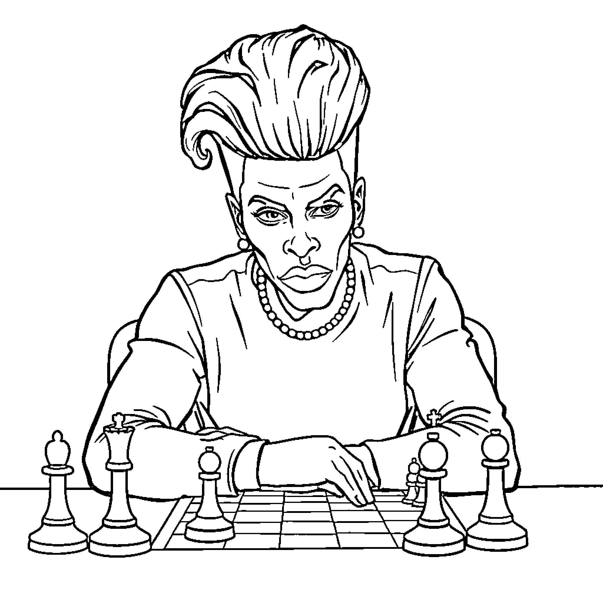 RuPaul playing chess with concentration Coloring Page (free black-and-white line drawing printable PDF for all, from beginners to advanced learners, including children, teens, adults, and seniors)