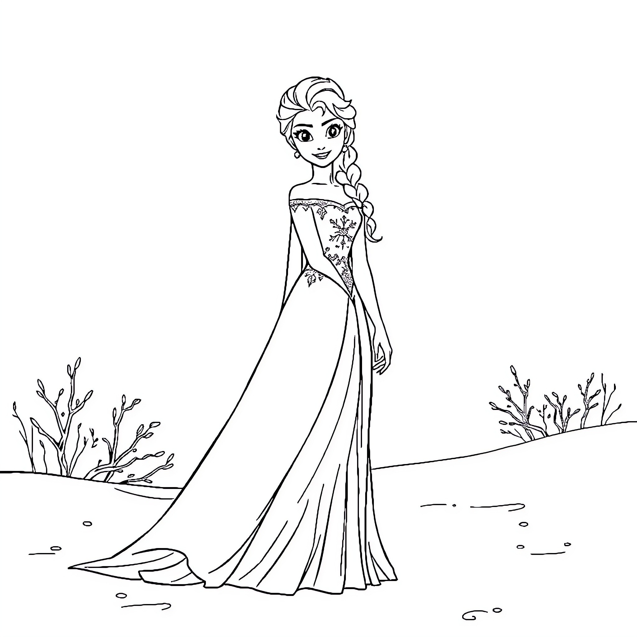 Elsa posing gracefully in her elegant winter dress Coloring Page (free black-and-white line drawing printable PDF for all, from beginners to advanced learners, including children, teens, adults, and seniors)