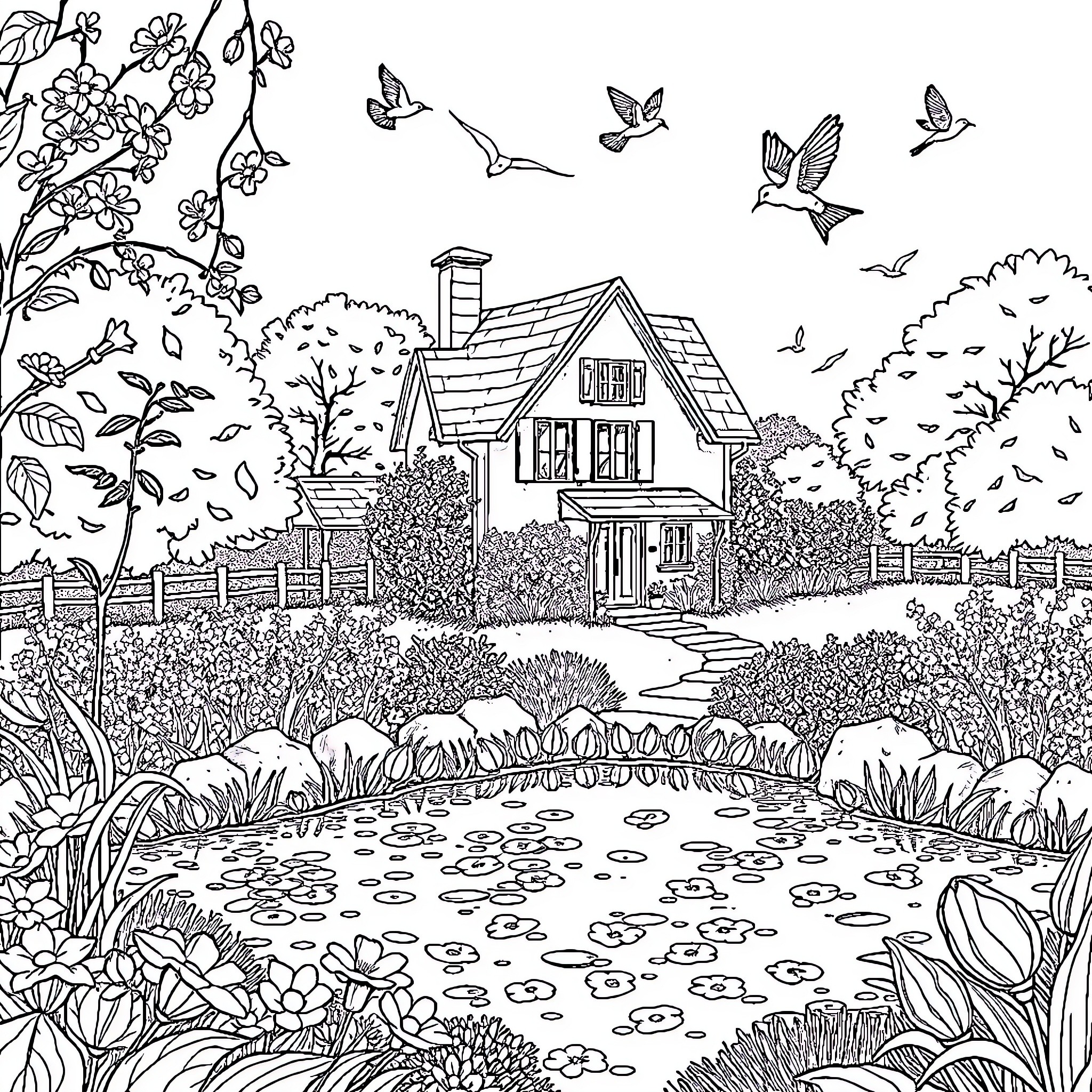 Maison with blossoming flowers and flying birds Coloring Page (free black-and-white line drawing printable PDF for all, from beginners to advanced learners, including children, teens, adults, and seniors)