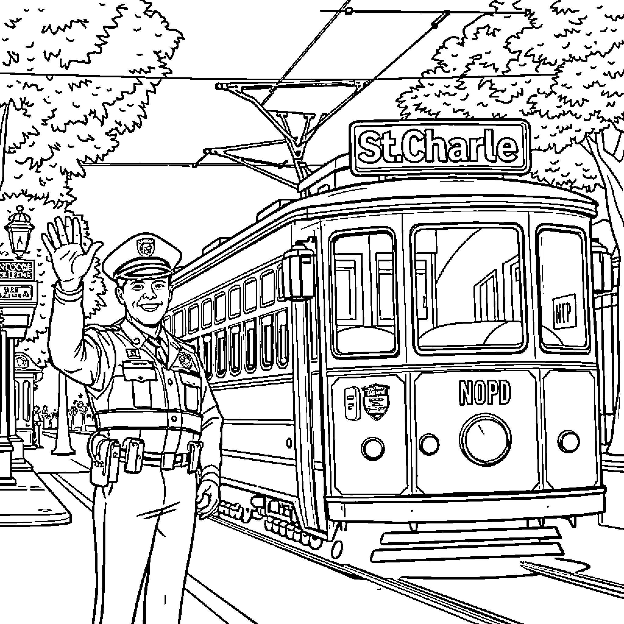 Police Officer directing traffic near St. Charles streetcar Coloring Page (free black-and-white line drawing printable PDF for all, from beginners to advanced learners, including children, teens, adults, and seniors)
