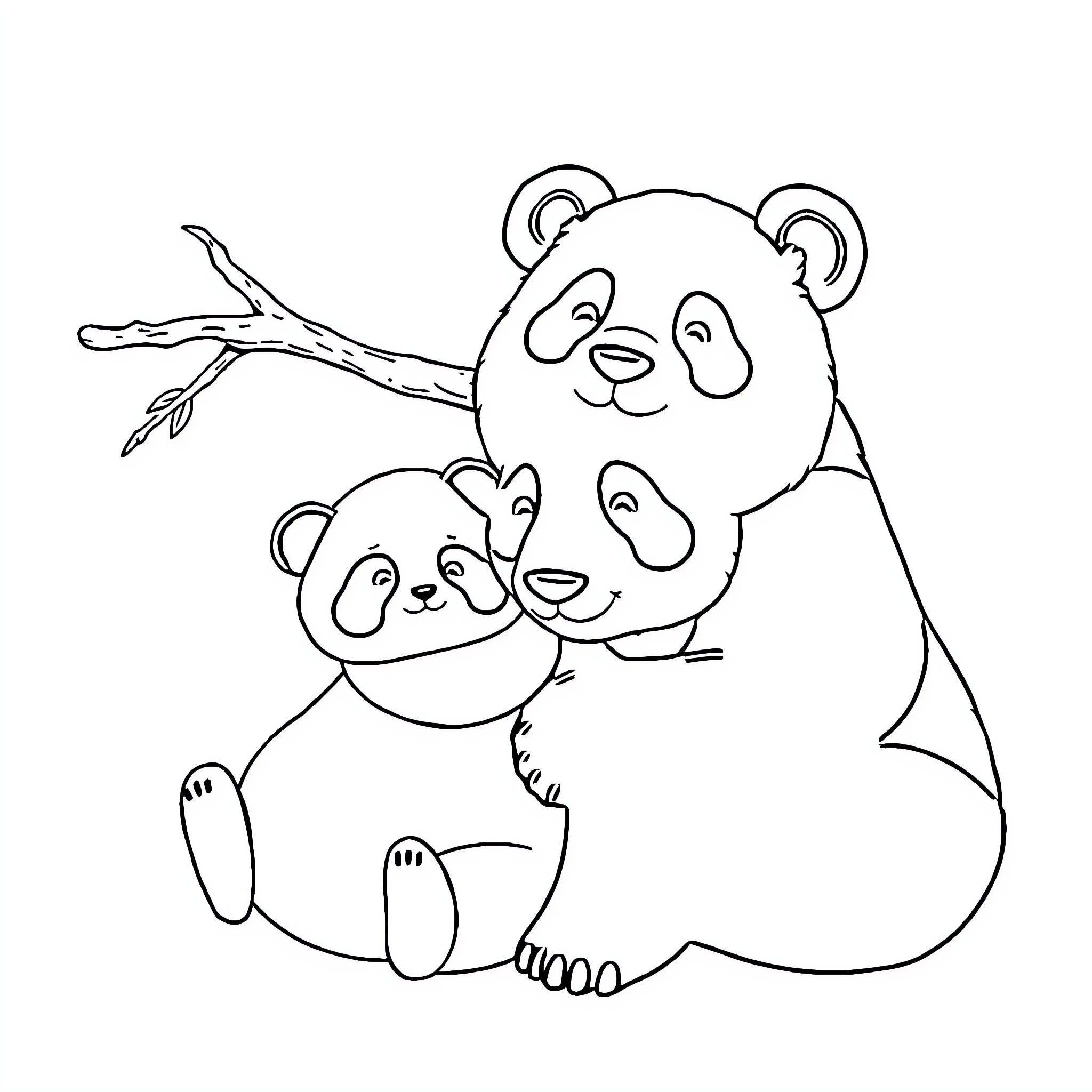 Panda family sitting together on a branch Coloring Page (free black-and-white line drawing printable PDF for all, from beginners to advanced learners, including children, teens, adults, and seniors)