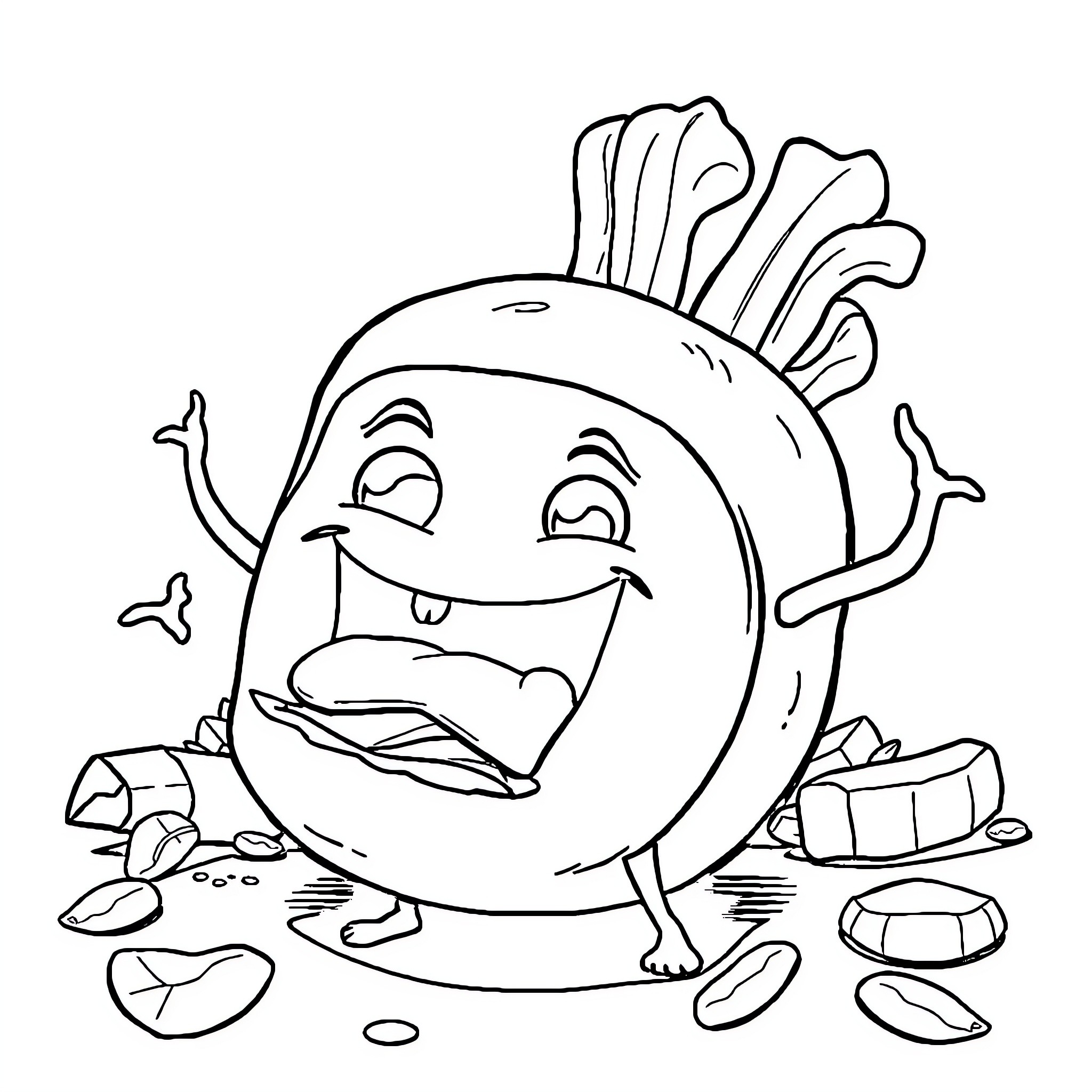 Food character with humorous expression Coloring Page (free black-and-white line drawing printable PDF for all, from beginners to advanced learners, including children, teens, adults, and seniors)