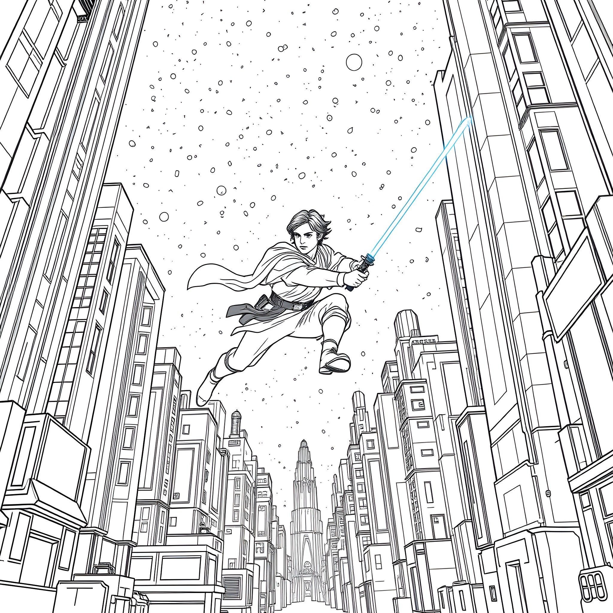 Jedi Knight leaping heroically through a futuristic city Coloring Page (free black-and-white line drawing printable PDF for all, from beginners to advanced learners, including children, teens, adults, and seniors)