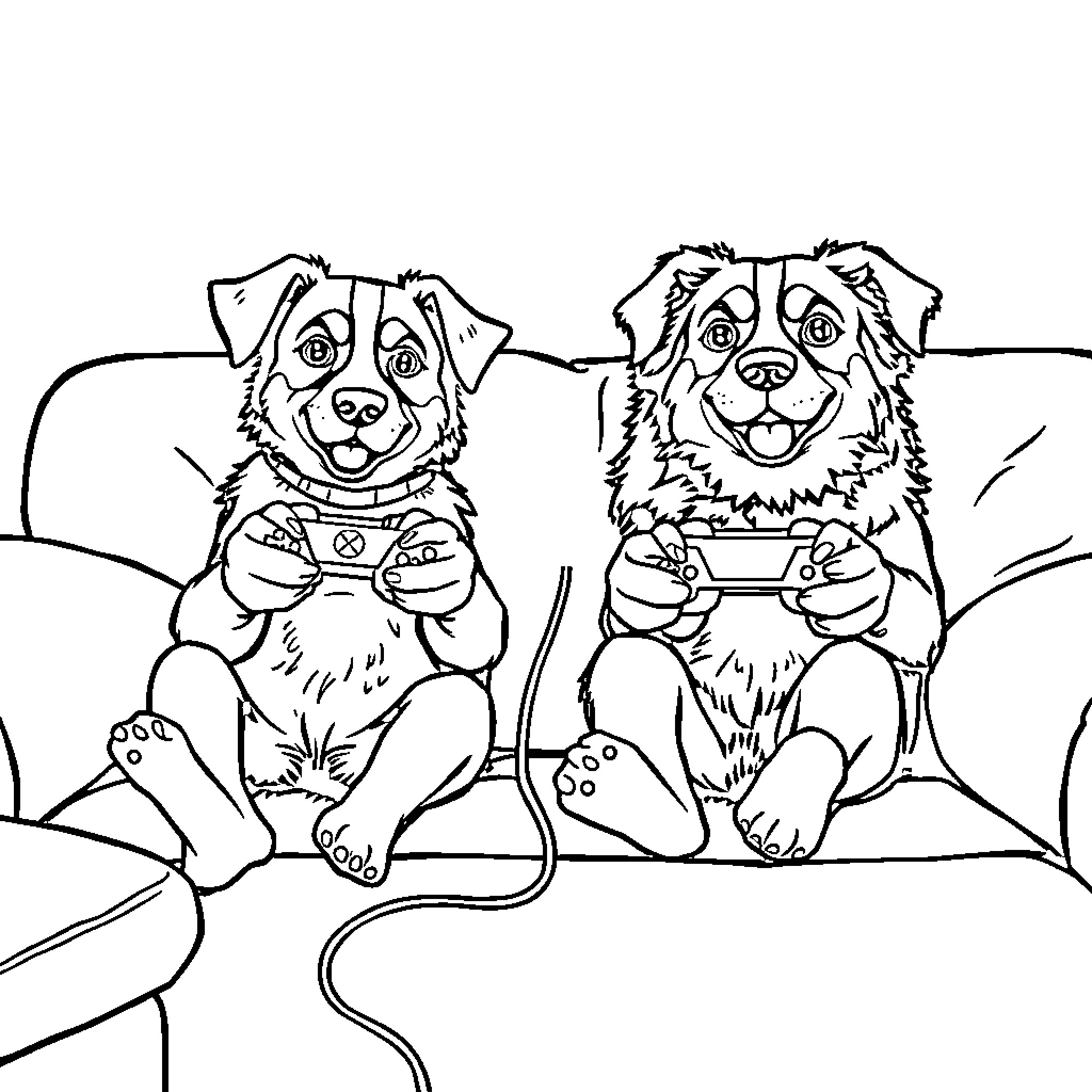 Dogs playing video games together Coloring Page (free black-and-white line drawing printable PDF for all, from beginners to advanced learners, including children, teens, adults, and seniors)