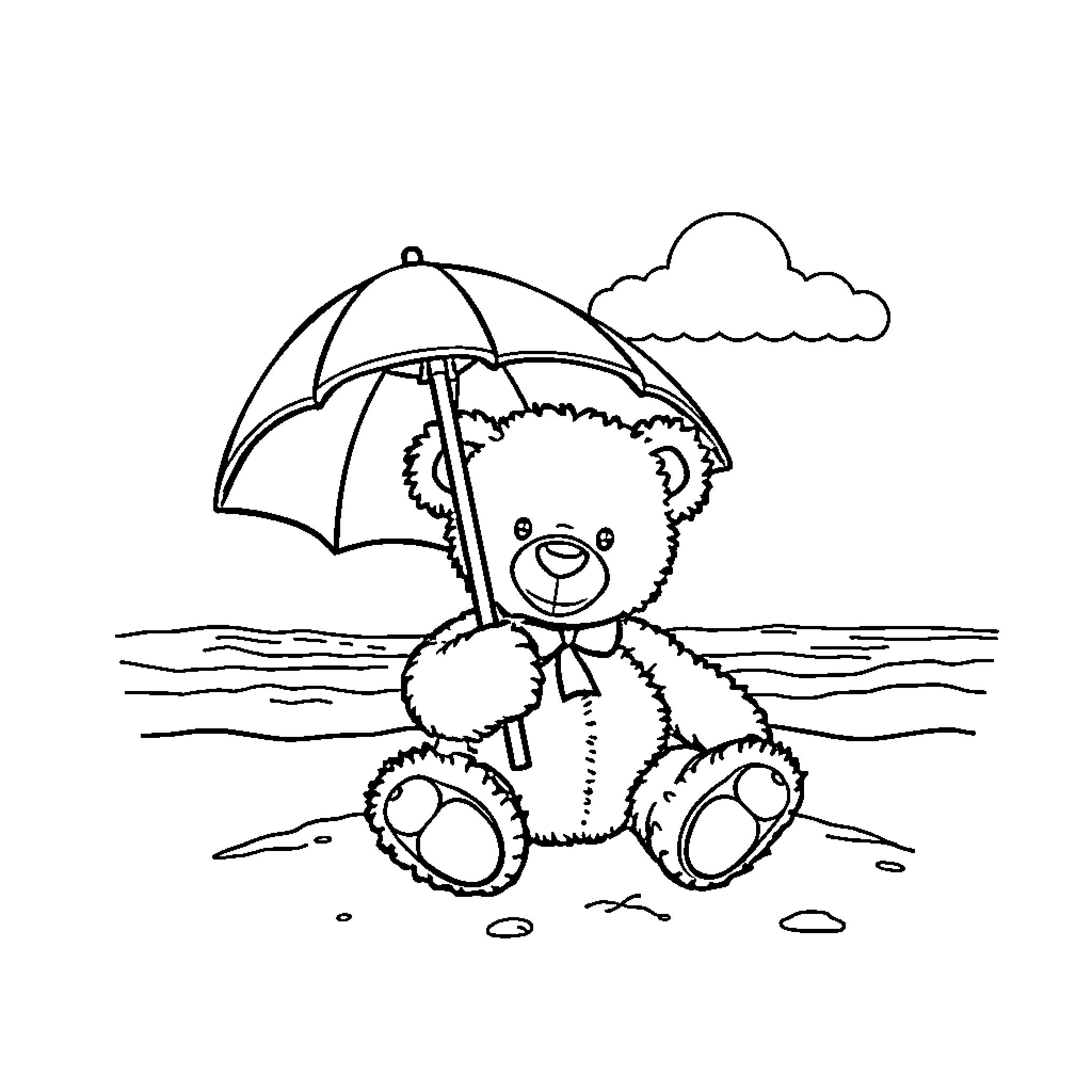 Teddy Bear relaxing on the beach with umbrella Coloring Page (free black-and-white line drawing printable PDF for all, from beginners to advanced learners, including children, teens, adults, and seniors)