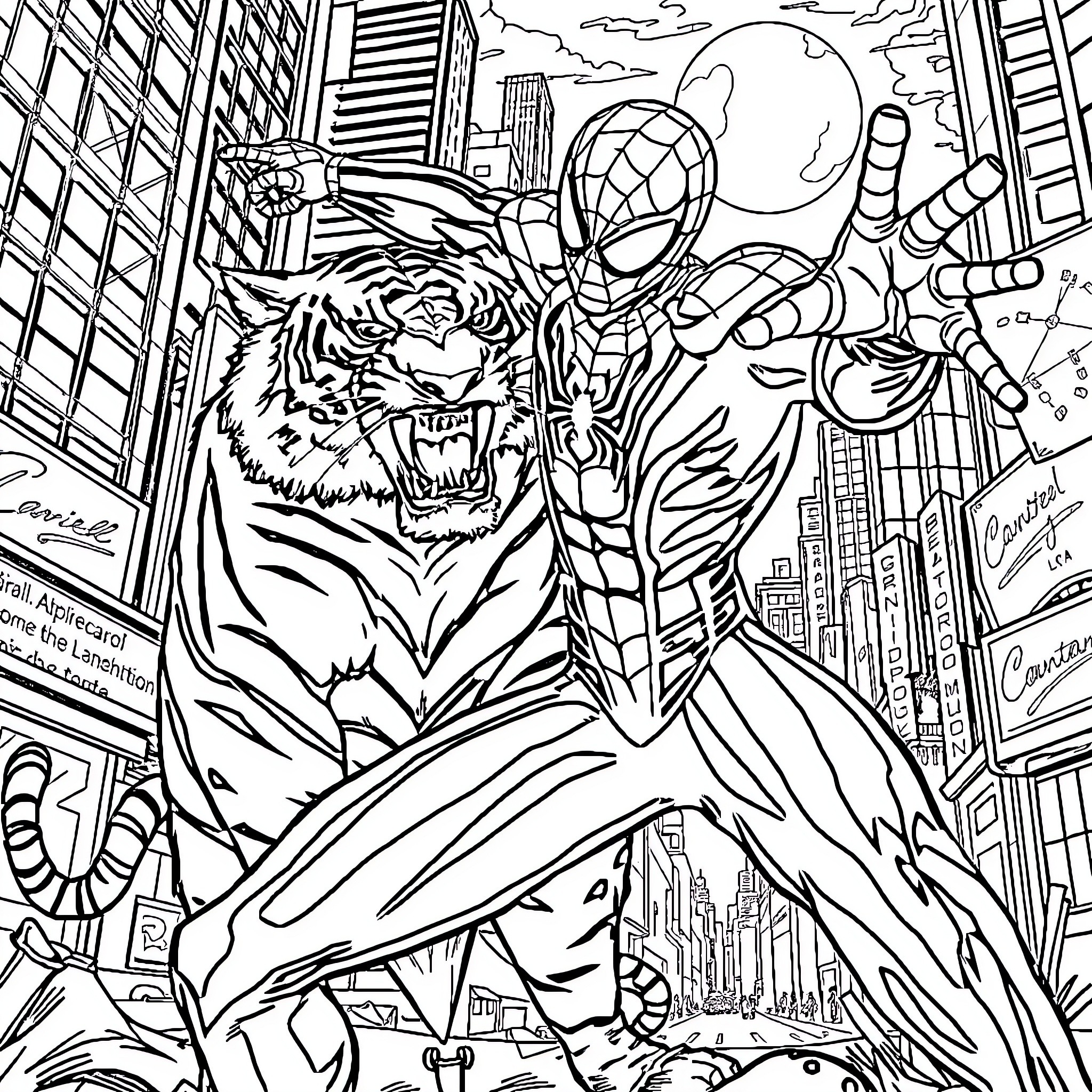 Spider-Man battles fierce Tiger in the city Coloring Page (free black-and-white line drawing printable PDF for all, from beginners to advanced learners, including children, teens, adults, and seniors)