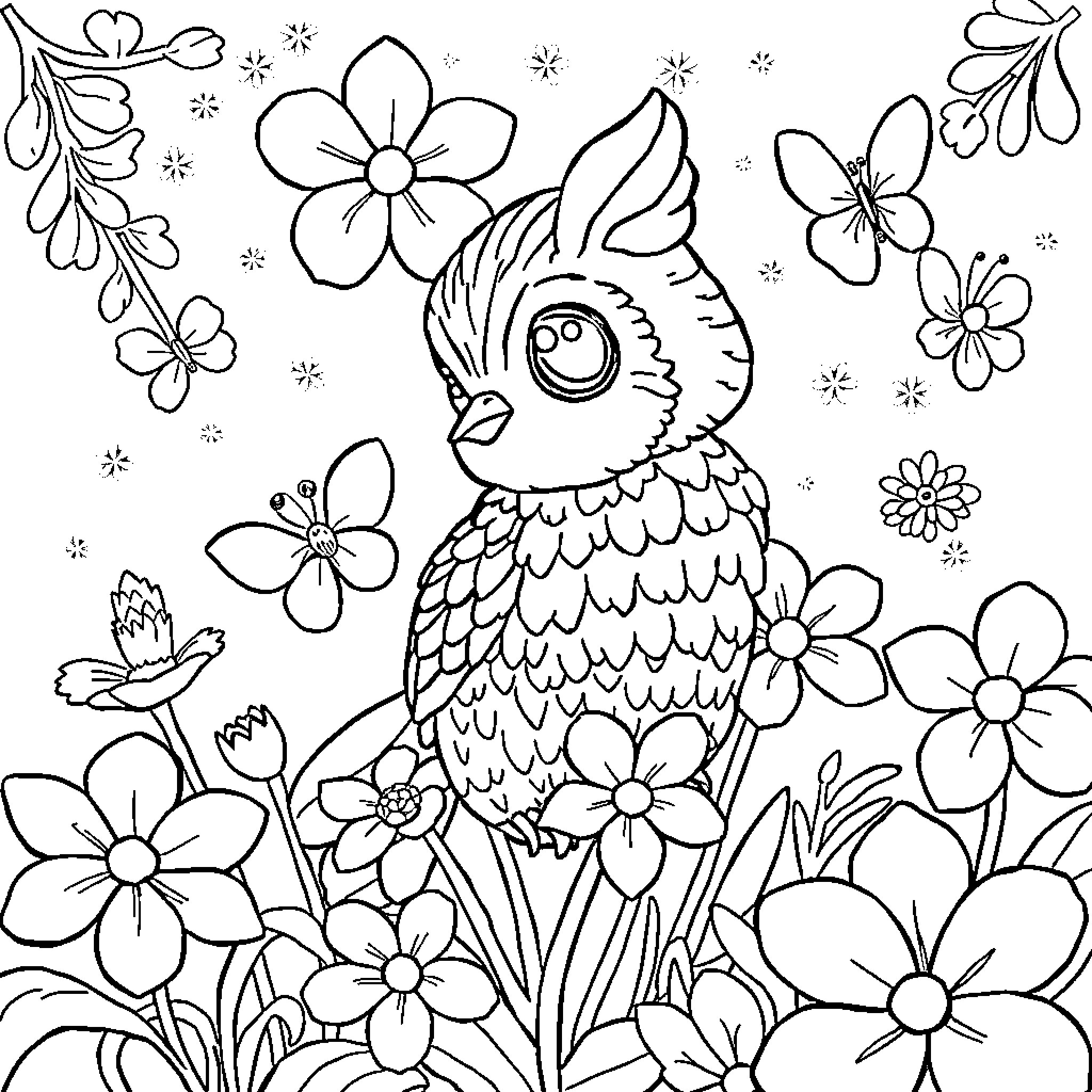 Coelho surrounded by delightful flowers and butterflies Coloring Page (free black-and-white line drawing printable PDF for all, from beginners to advanced learners, including children, teens, adults, and seniors)