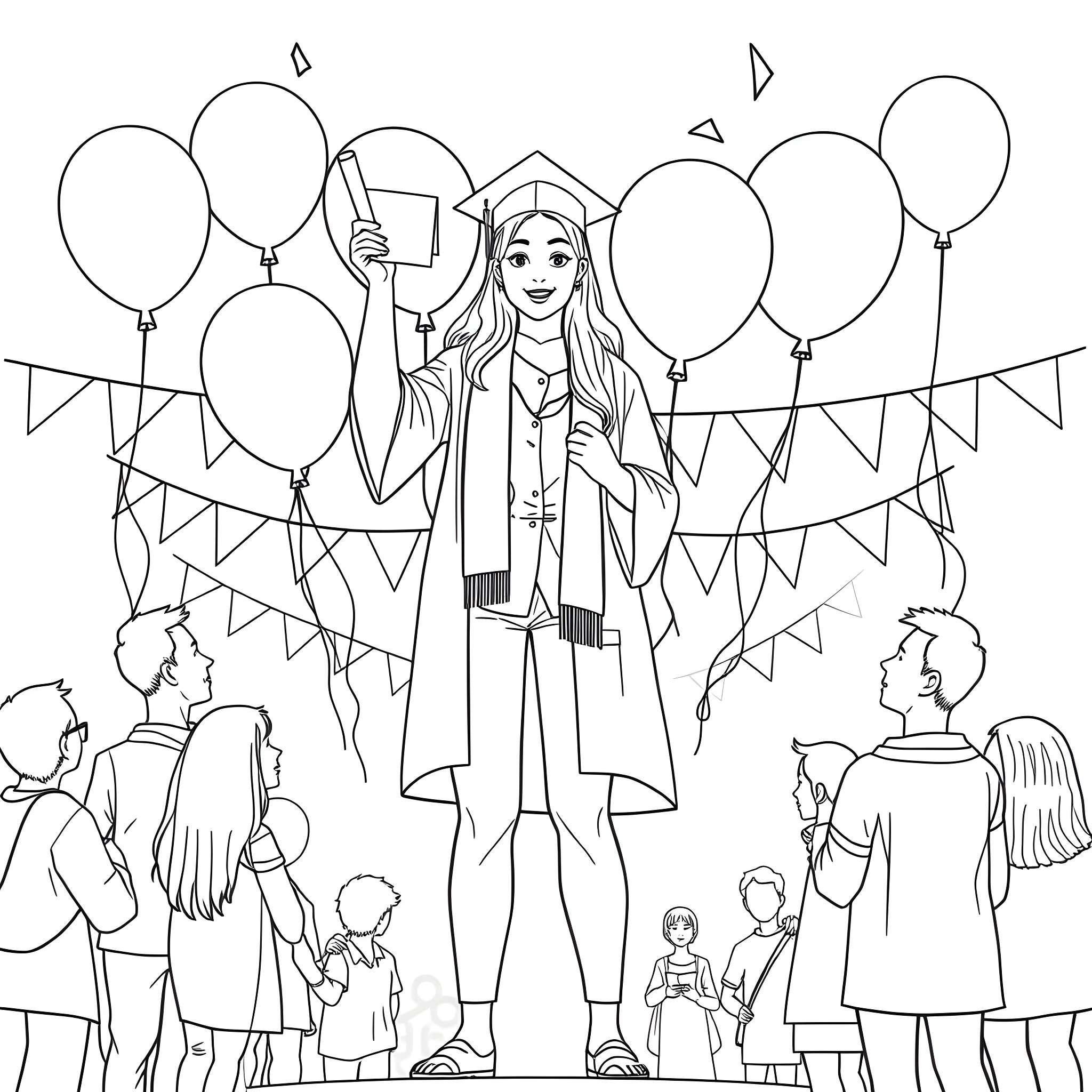 Woman graduating with family and friends in celebration Coloring Page (free black-and-white line drawing printable PDF for all, from beginners to advanced learners, including children, teens, adults, and seniors)