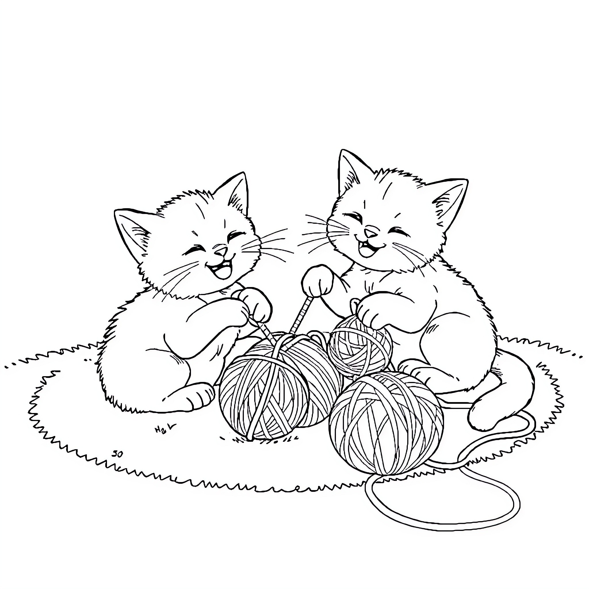Cat Kittens Playing with Yarn Balls Coloring Page (free black-and-white line drawing printable PDF for all, from beginners to advanced learners, including children, teens, adults, and seniors)
