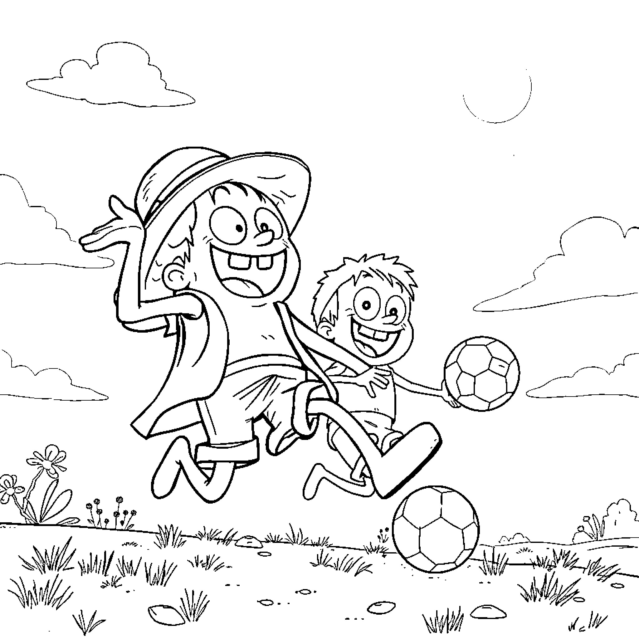 Bob esponja playing soccer with friend in the park Coloring Page (free black-and-white line drawing printable PDF for all, from beginners to advanced learners, including children, teens, adults, and seniors)