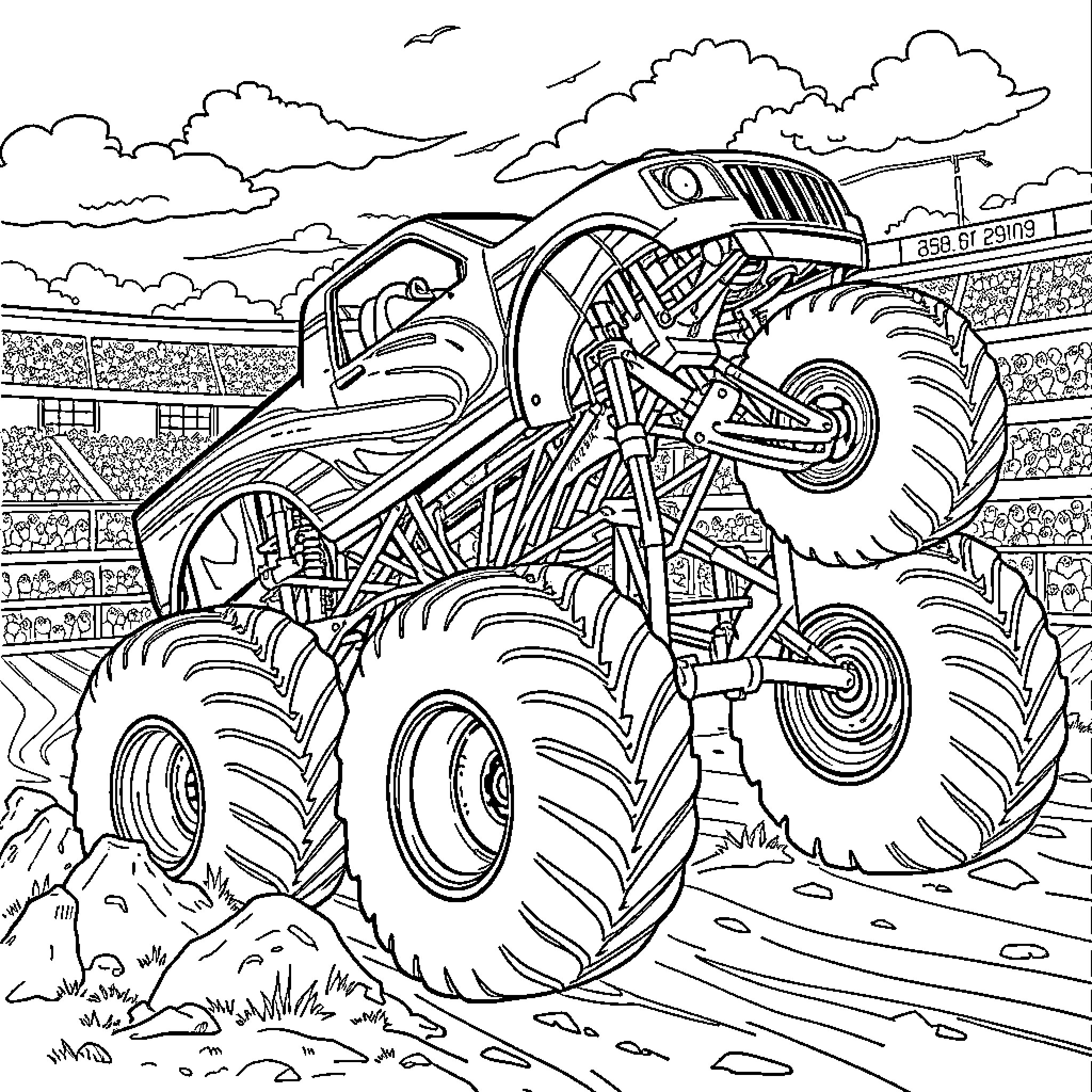 Monster Truck Crushing and Jumping in Action-Packed Stadium Coloring Page (free black-and-white line drawing printable PDF for all, from beginners to advanced learners, including children, teens, adults, and seniors)