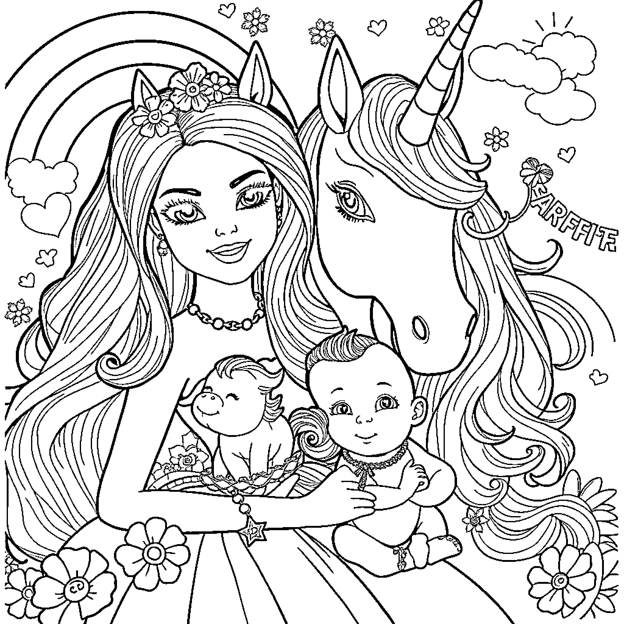 Barbie and her unicorn friend in magical setting Coloring Page (free black-and-white line drawing printable PDF for all, from beginners to advanced learners, including children, teens, adults, and seniors)