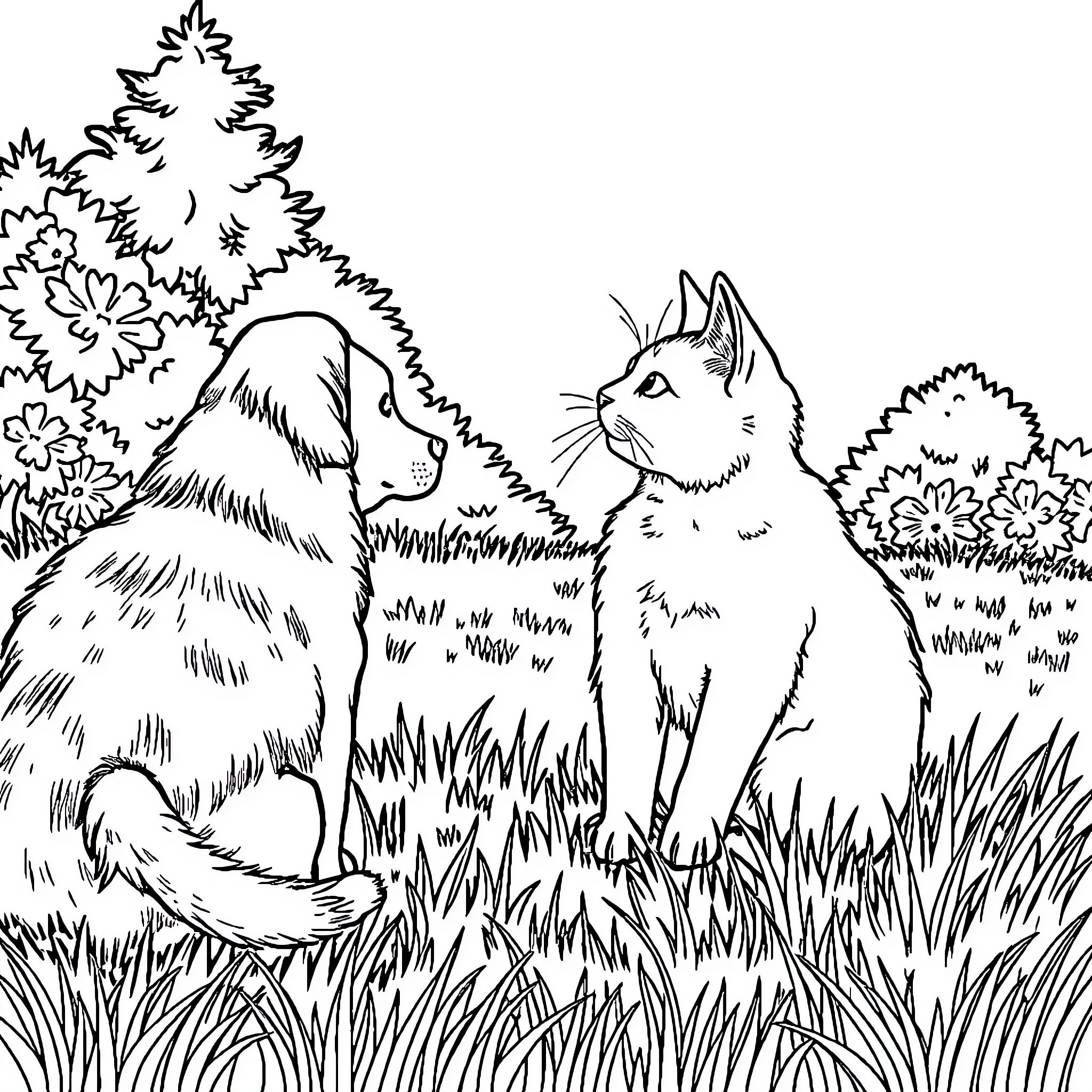Cats exploring nature in the garden Coloring Page (free black-and-white line drawing printable PDF for all, from beginners to advanced learners, including children, teens, adults, and seniors)