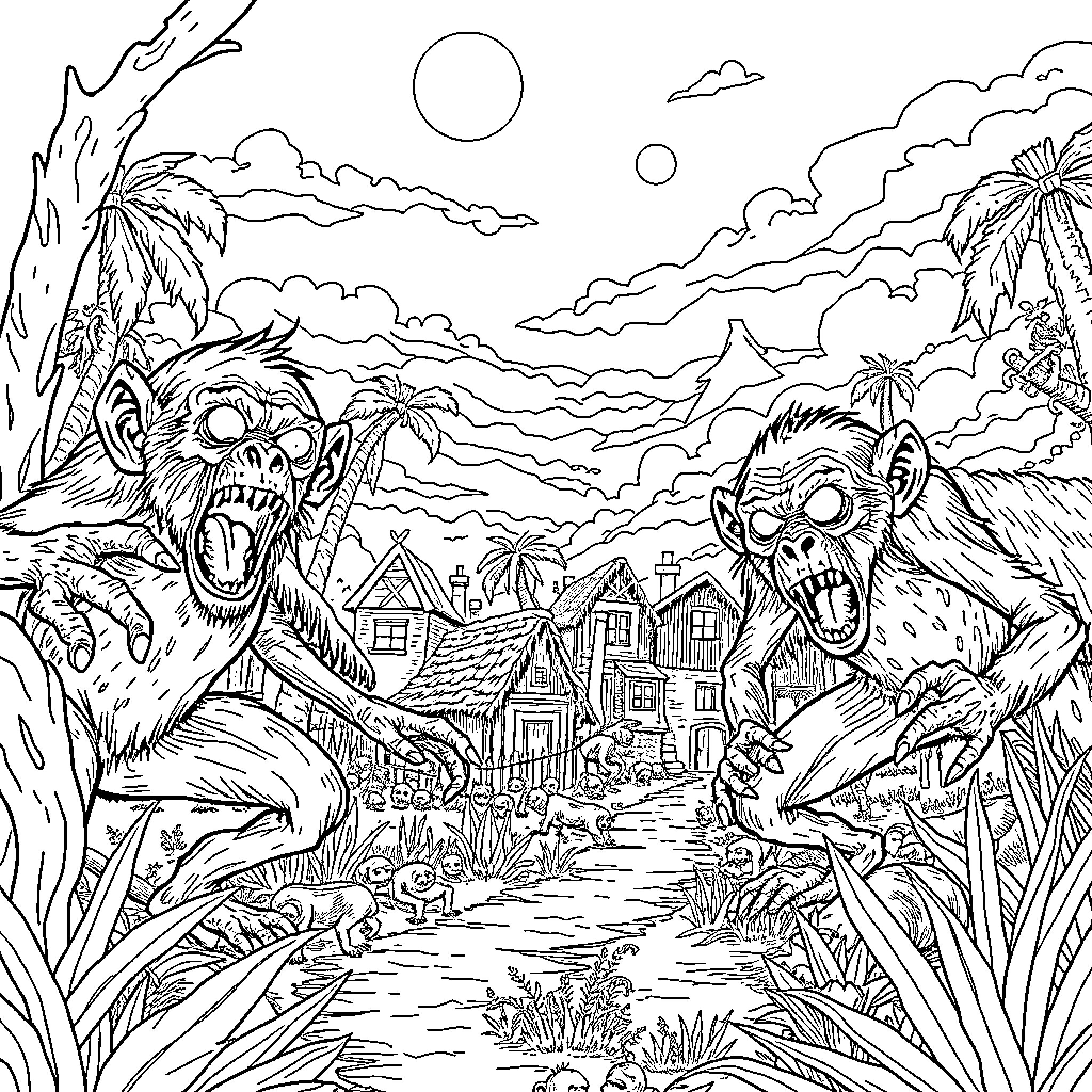 Zombie Monkeys Invading a Tropical Village Coloring Page (free black-and-white line drawing printable PDF for all, from beginners to advanced learners, including children, teens, adults, and seniors)