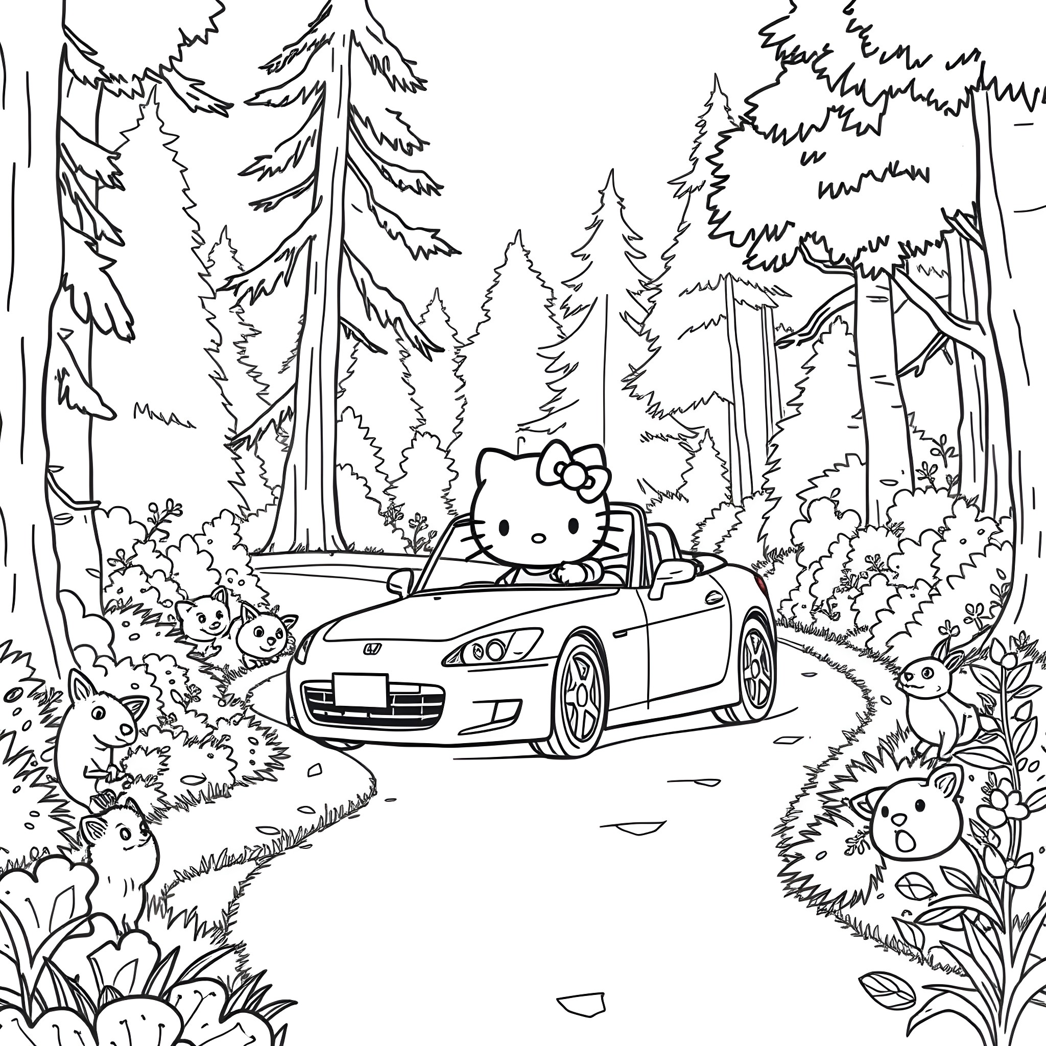 Hello Kitty takes a joyride through the forest Coloring Page (free black-and-white line drawing printable PDF for all, from beginners to advanced learners, including children, teens, adults, and seniors)