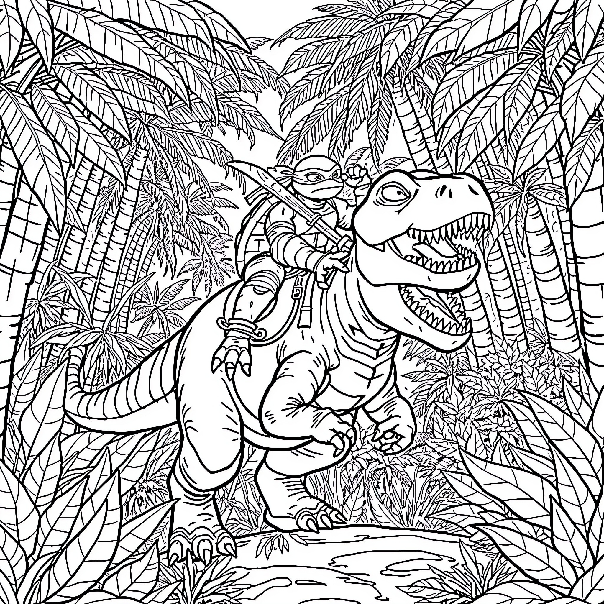 Teenage Mutant Ninja Turtle exploring tropical jungle Coloring Page (free black-and-white line drawing printable PDF for all, from beginners to advanced learners, including children, teens, adults, and seniors)