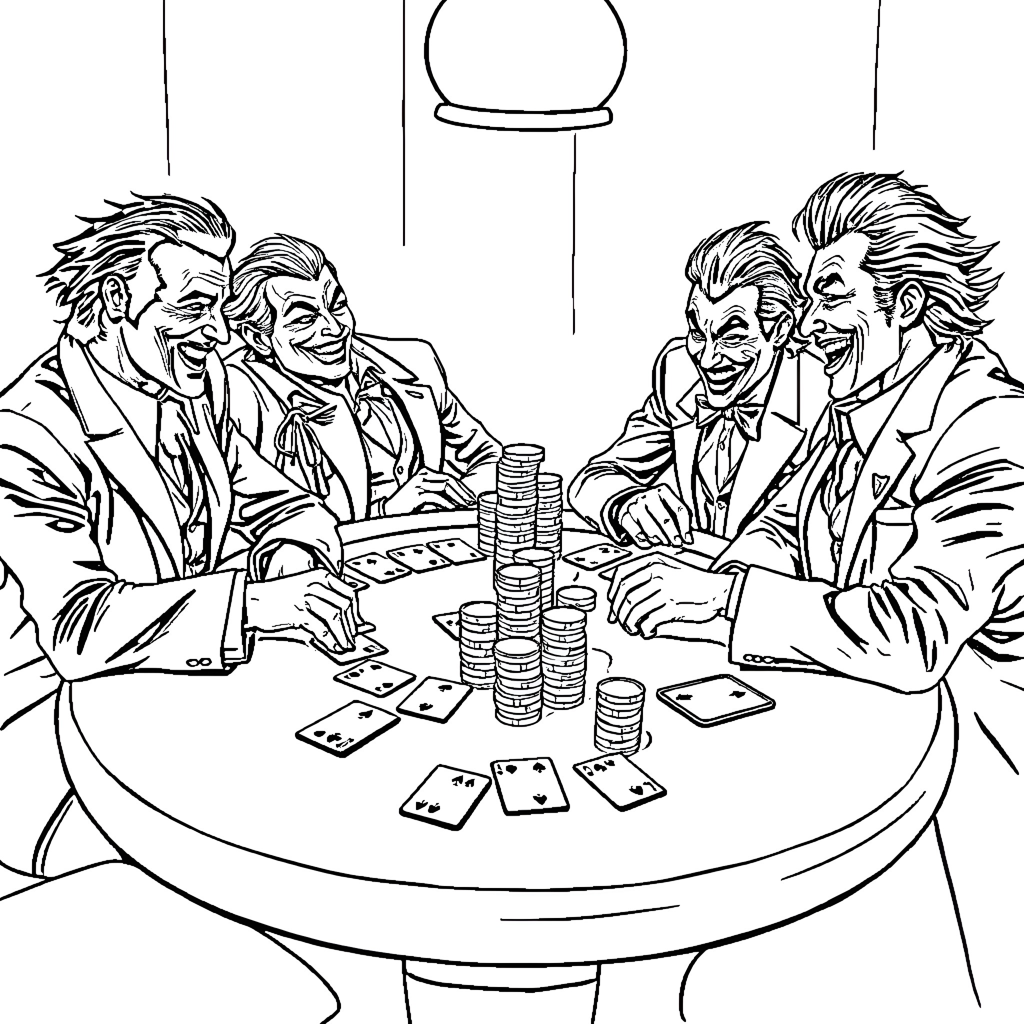 Joker and his gang playing cards and gambling Coloring Page (free black-and-white line drawing printable PDF for all, from beginners to advanced learners, including children, teens, adults, and seniors)
