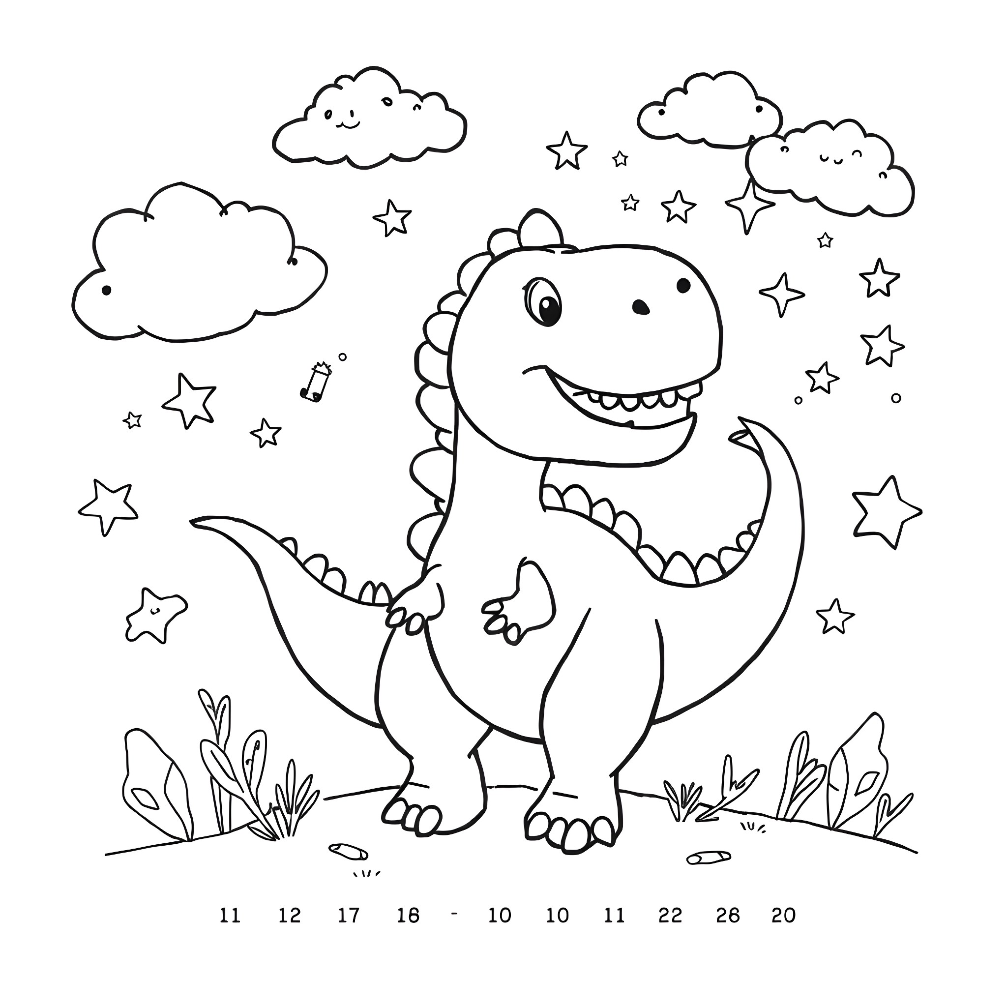 Number - Cute Dinosaur playing with Stars in the Sky Coloring Page (free black-and-white line drawing printable PDF for all, from beginners to advanced learners, including children, teens, adults, and seniors)