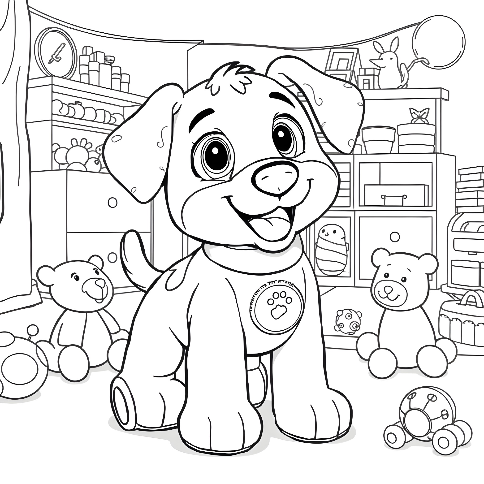 Puppy playing happily in a toy-filled room Coloring Page (free black-and-white line drawing printable PDF for all, from beginners to advanced learners, including children, teens, adults, and seniors)
