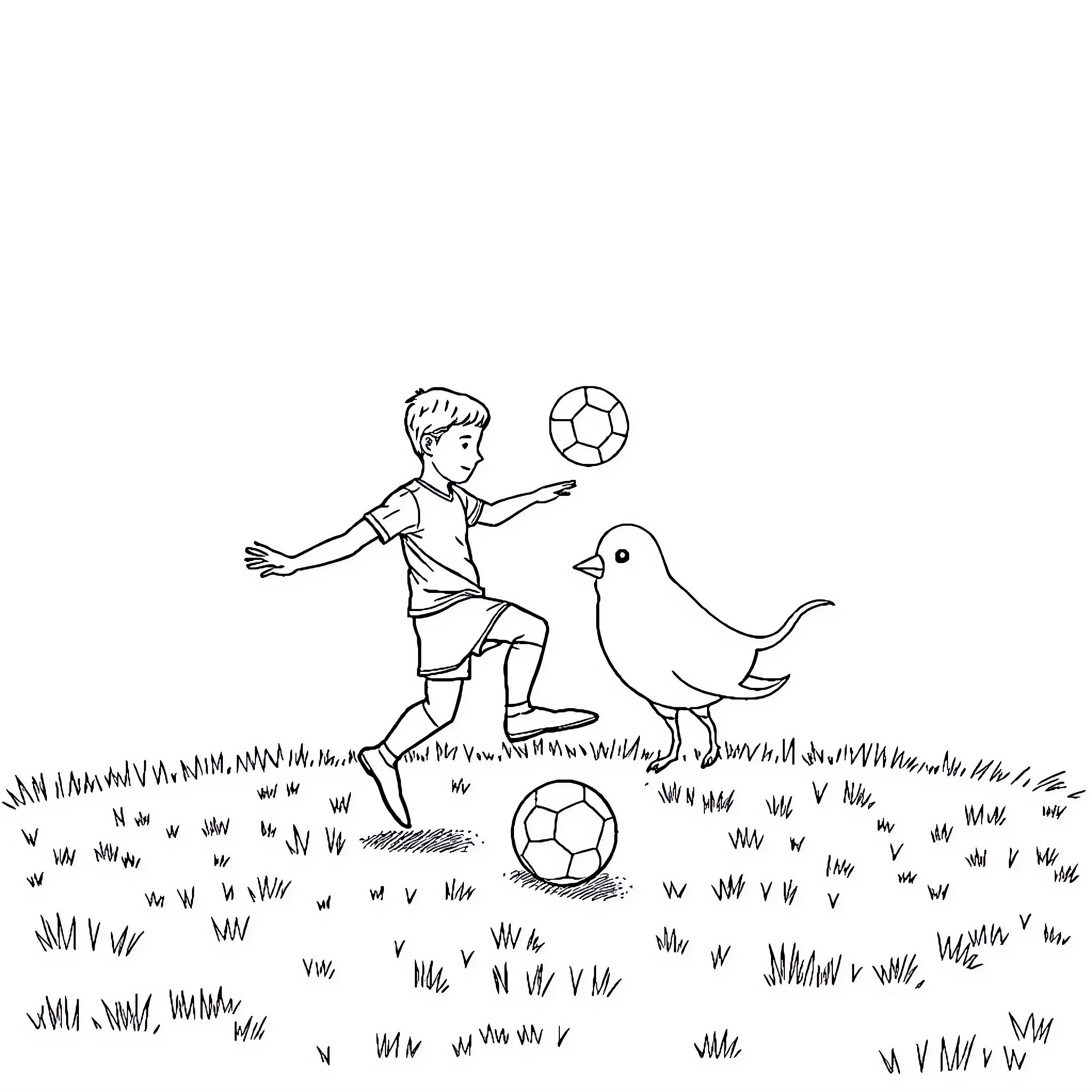 Pelota: Boy Playing with Soccer Ball and Bird Coloring Page (free black-and-white line drawing printable PDF for all, from beginners to advanced learners, including children, teens, adults, and seniors)