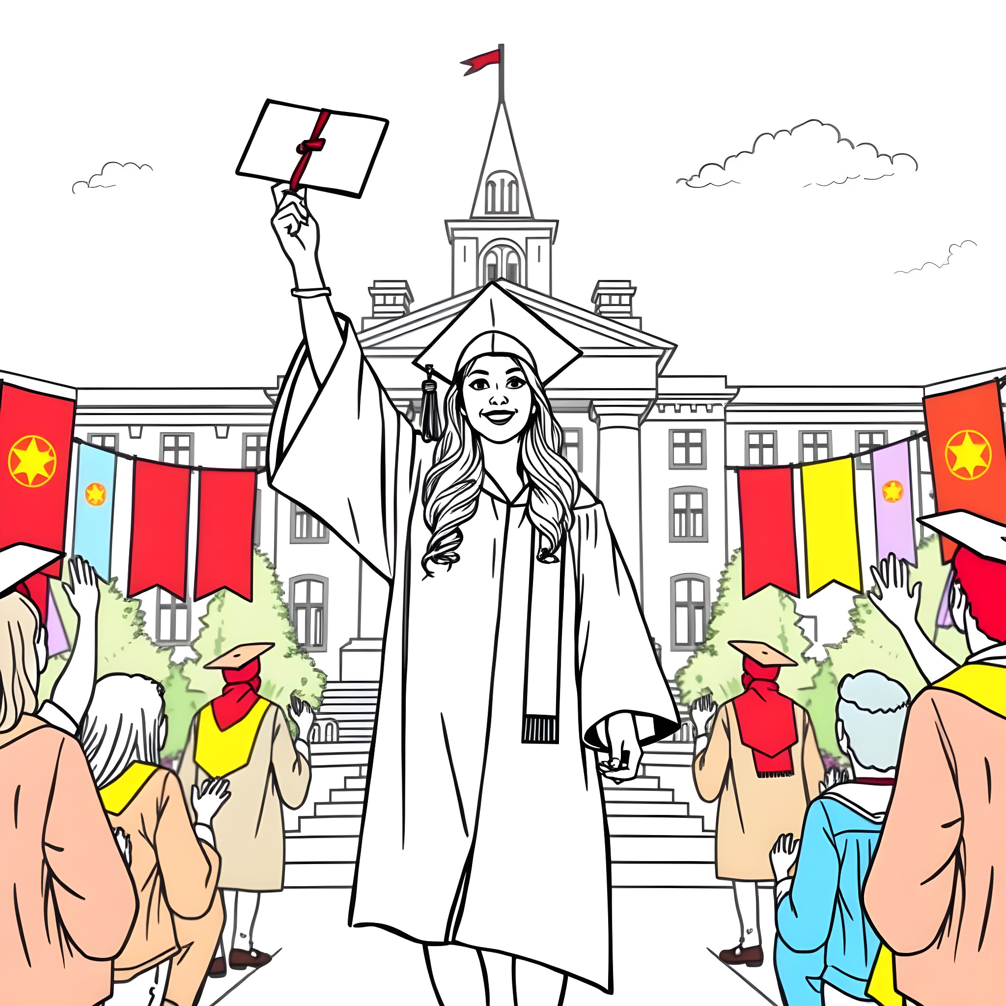 Woman celebrating graduation in front of university Coloring Page (free black-and-white line drawing printable PDF for all, from beginners to advanced learners, including children, teens, adults, and seniors)