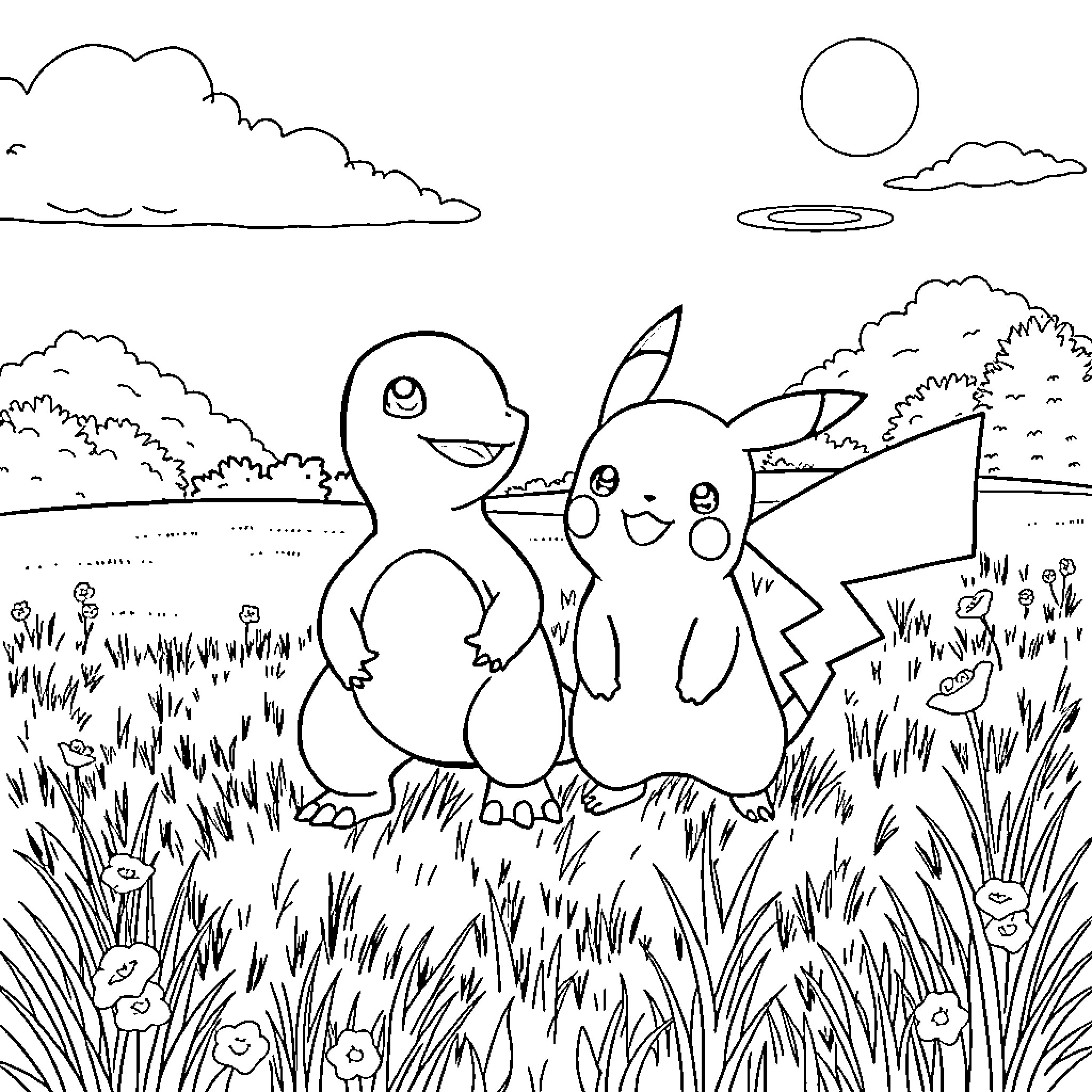 Charmander and Pikachu playing in the park Coloring Page (free black-and-white line drawing printable PDF for all, from beginners to advanced learners, including children, teens, adults, and seniors)