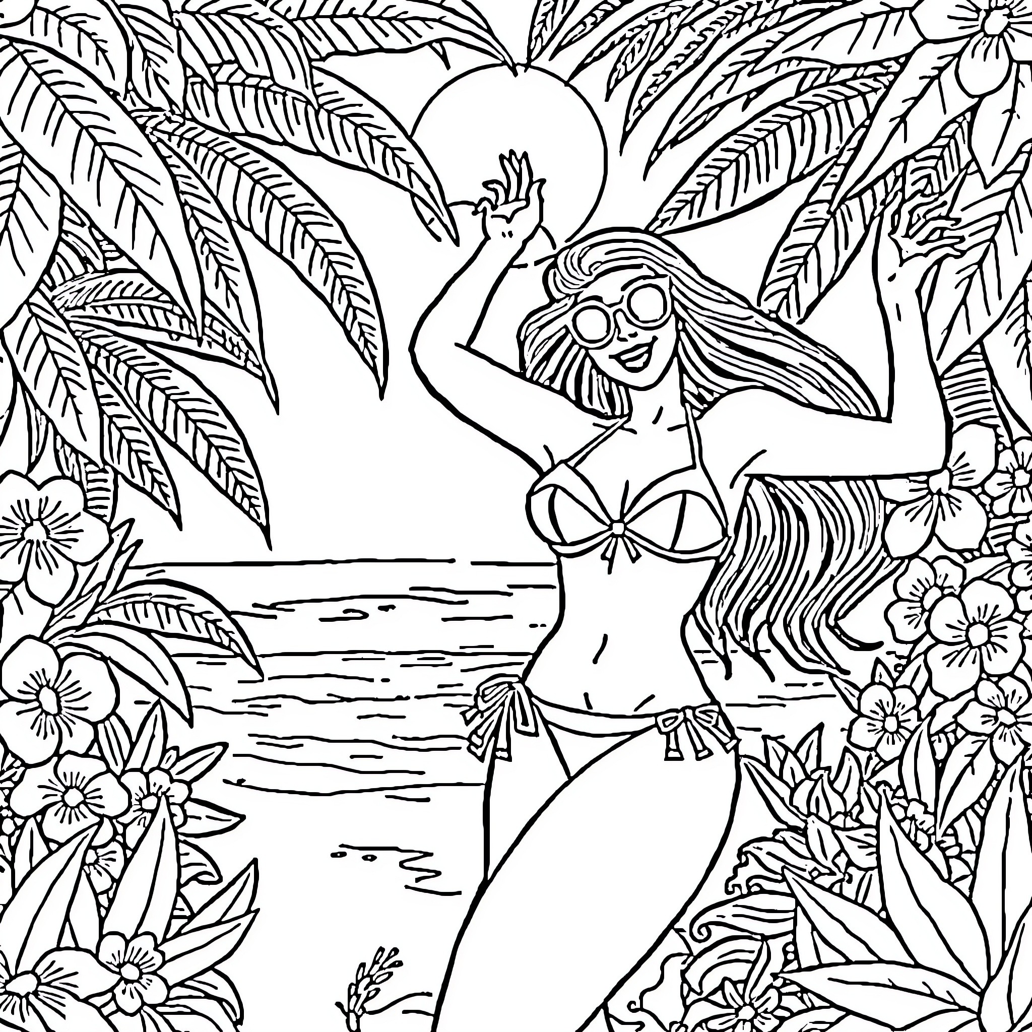Bikini-clad woman enjoying tropical paradise Coloring Page (free black-and-white line drawing printable PDF for all, from beginners to advanced learners, including children, teens, adults, and seniors)