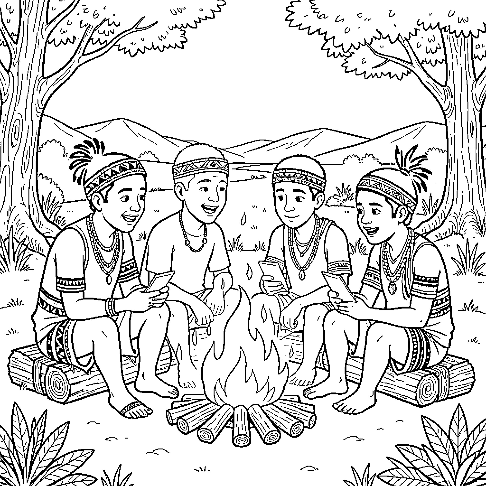 Boys sitting around a campfire talking and smiling Coloring Page (free black-and-white line drawing printable PDF for all, from beginners to advanced learners, including children, teens, adults, and seniors)