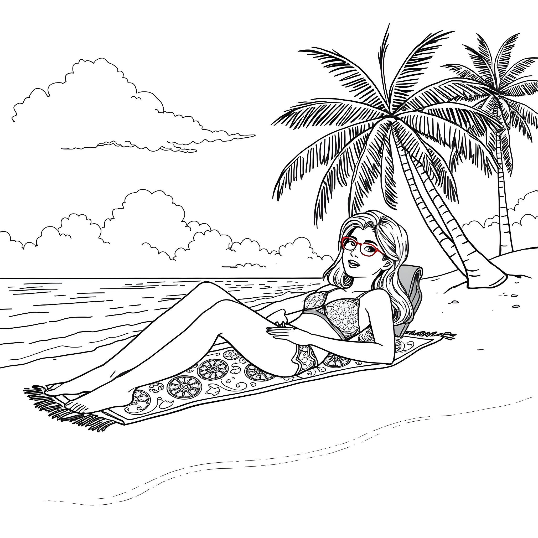 Girl relaxing on a tropical beach Coloring Page (free black-and-white line drawing printable PDF for all, from beginners to advanced learners, including children, teens, adults, and seniors)