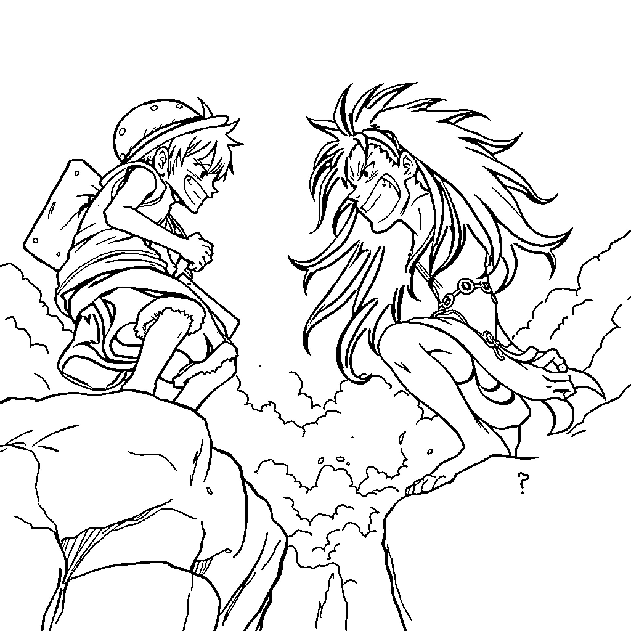 Luffy's Adventurous Exploits in a Fantastical World Coloring Page (free black-and-white line drawing printable PDF for all, from beginners to advanced learners, including children, teens, adults, and seniors)