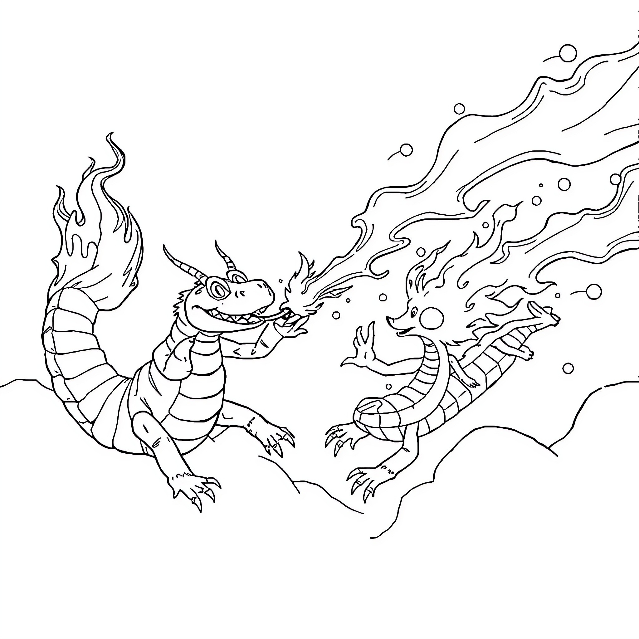 Glurak fire-breathing dragons in battle Coloring Page (free black-and-white line drawing printable PDF for all, from beginners to advanced learners, including children, teens, adults, and seniors)