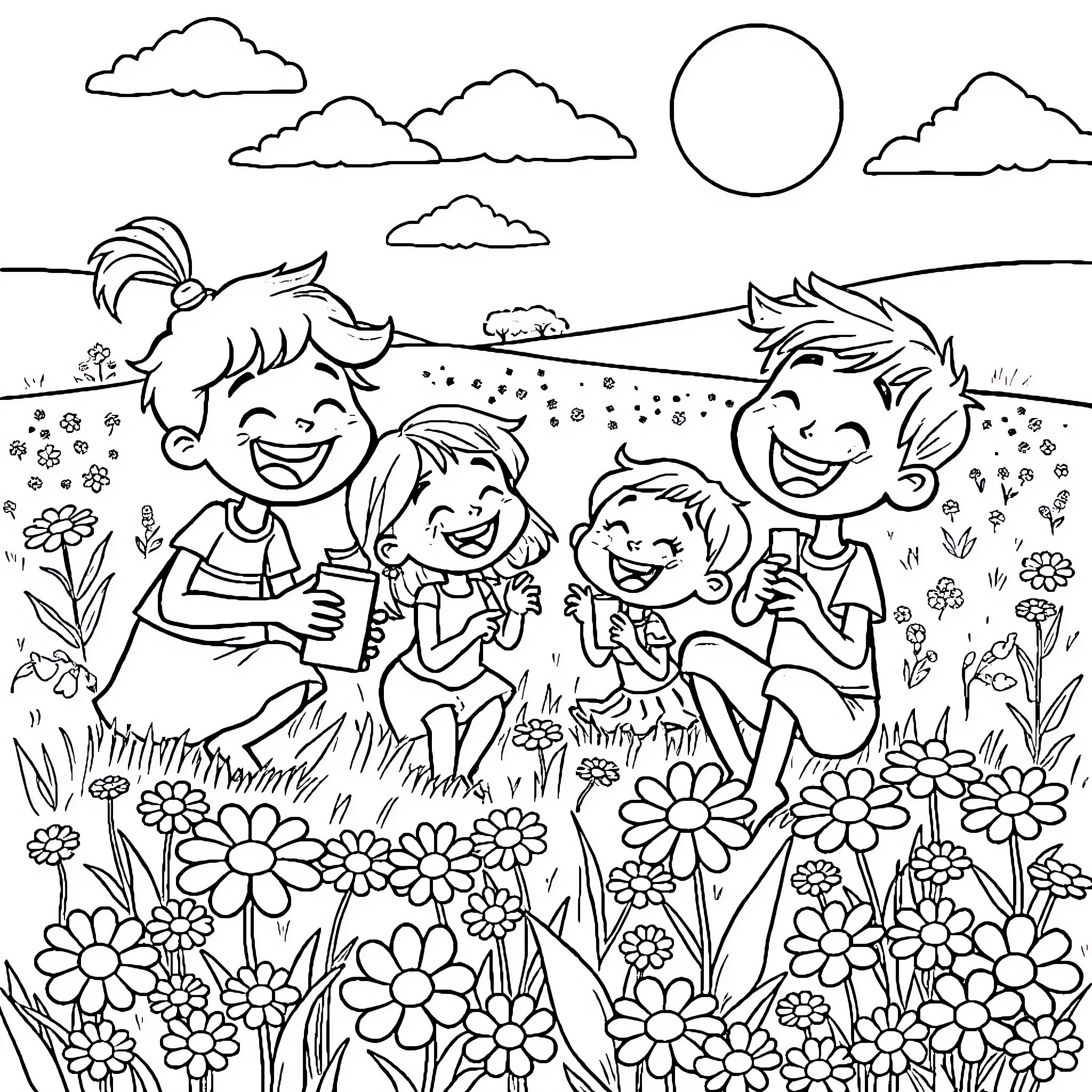Character Family Enjoying the Outdoors Coloring Page (free black-and-white line drawing printable PDF for all, from beginners to advanced learners, including children, teens, adults, and seniors)